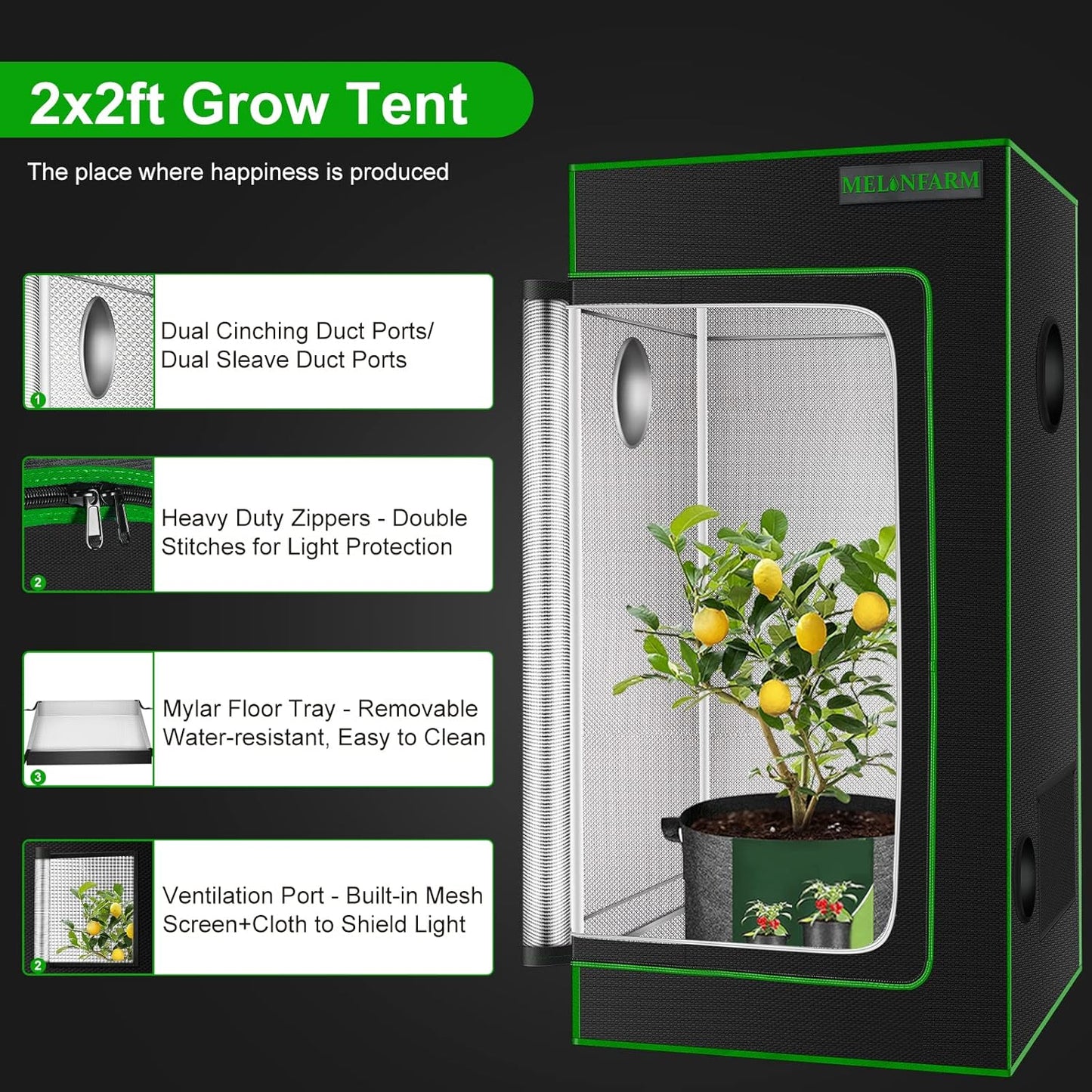 MELONFARM 2x2 Grow Tent, 24"x24"x36'' High Reflective 600D Diamond Mylar Canvas with Observation Window and Floor Tray for Hydroponic Indoor Plant Growing