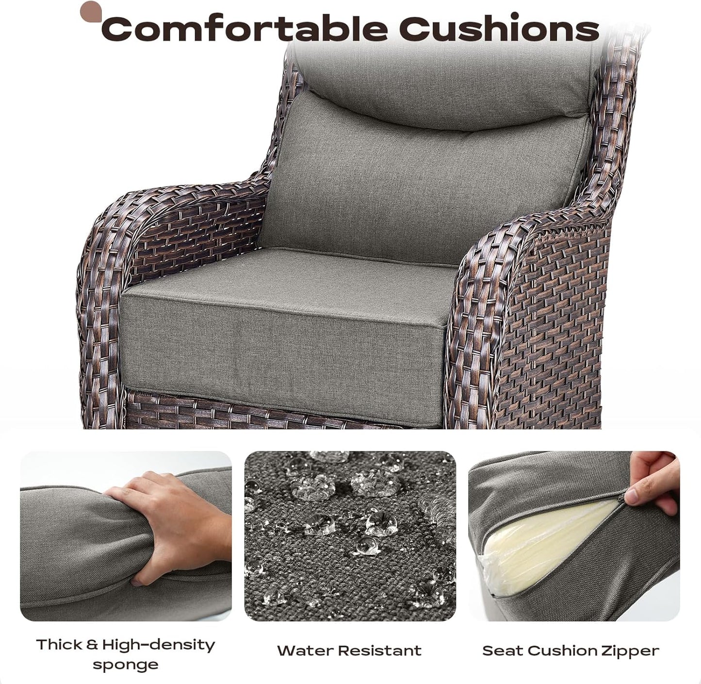4 Piece Outdoor Patio Swivel Rocker Chairs, Waterproof Wicker, High Back, Deep Seating, Wide Armrest, Upgraded 6 inch Thick Cushions, Ideal for Deck Porch Backyard, Brown/Grey