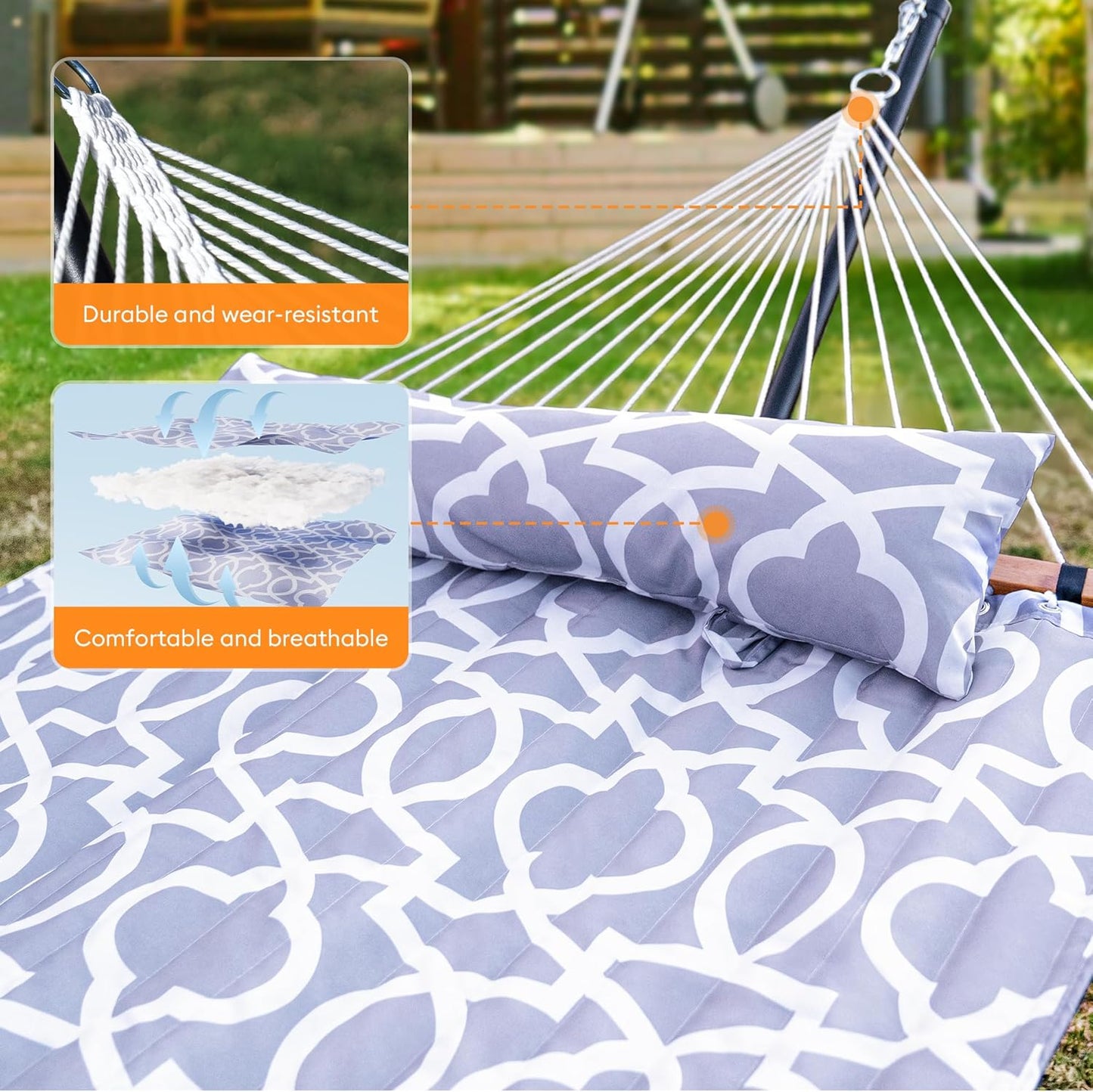 Double Hammock with Spreader Bar,Soft Pillow,Max Load 500lbs,Portable Hammock for Outdoor,Camping,and Backyard,White Gray