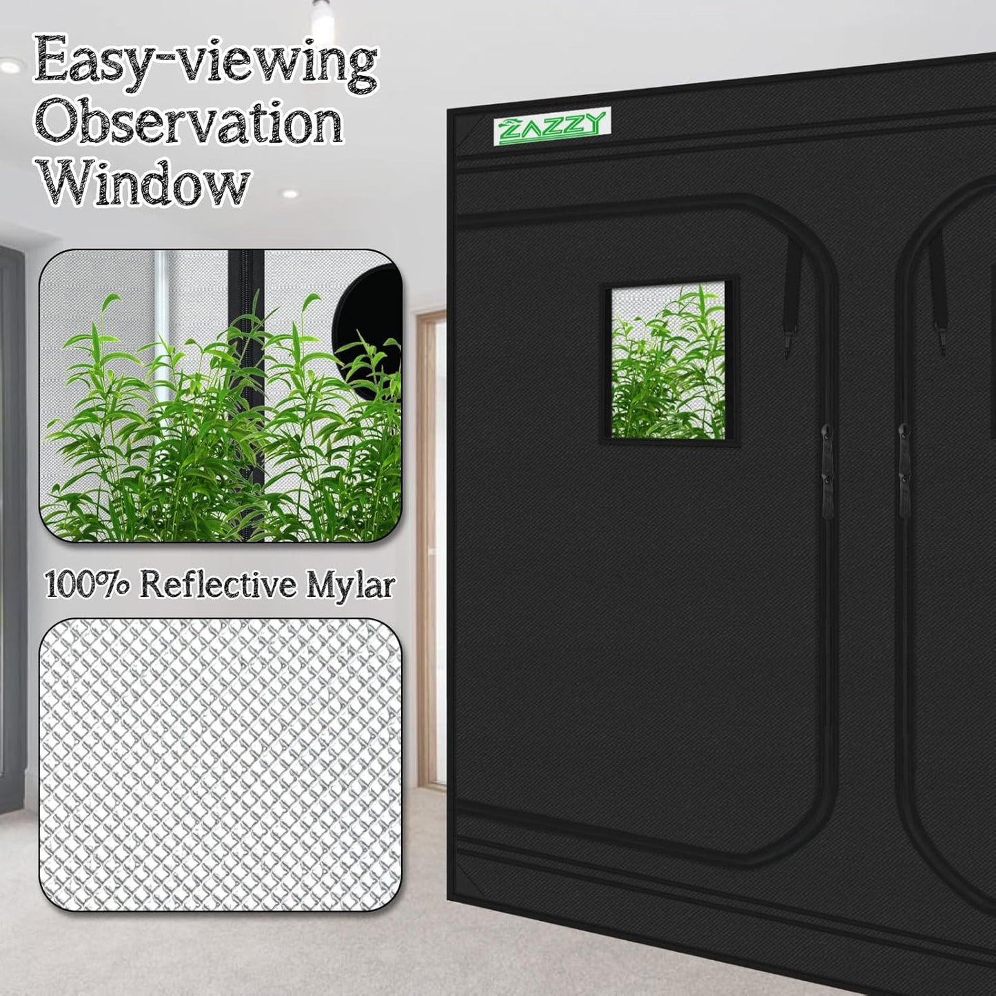 zazzy Grow Tent, 96“x48 x78 Plant Growing Tents 600D Mylar Hydroponic Indoor Grow Tent with Window, Kit Bag & Floor Tray 8x4 Growing Tent