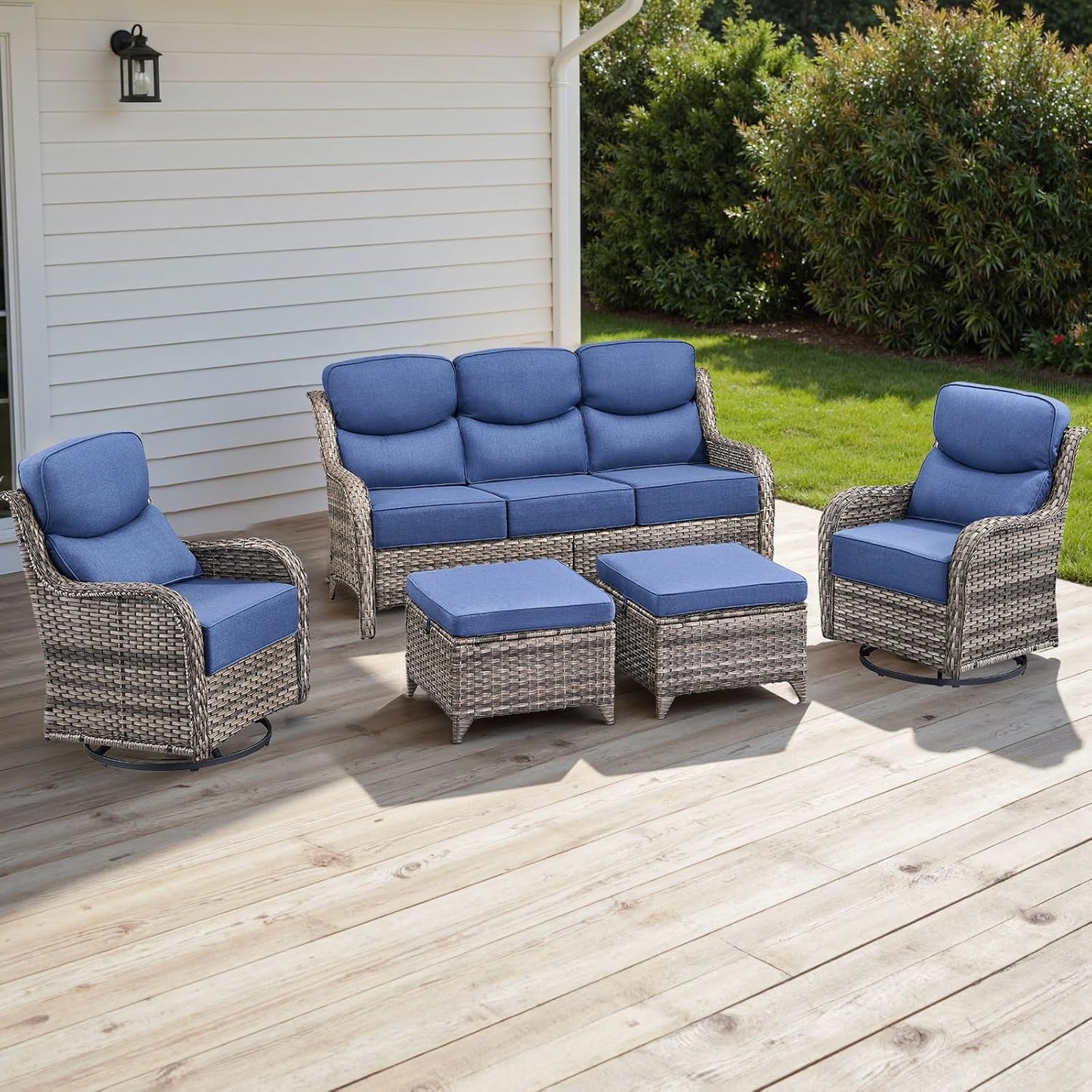 Wicker Outdoor Patio Furniture Set - 5 Piece Patio Conversation Sets with Swivel Rocker Chairs, Ottomans and Sofa, 6 inch Cushions, Waterproof Wicker, for Porch Deck Mixed Grey/Blue