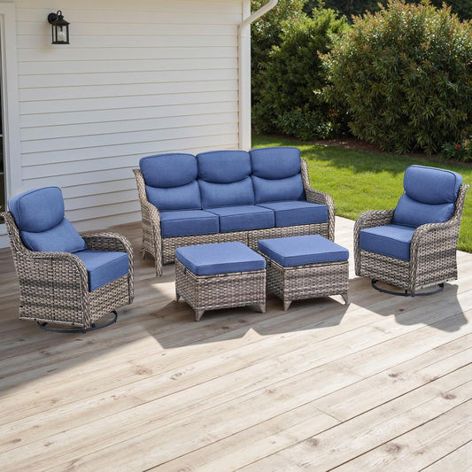 Wicker Outdoor Patio Furniture Set - 5 Piece Patio Conversation Sets with Swivel Rocker Chairs, Ottomans and Sofa, 6 inch Cushions, Waterproof Wicker, for Porch Deck Mixed Grey/Blue