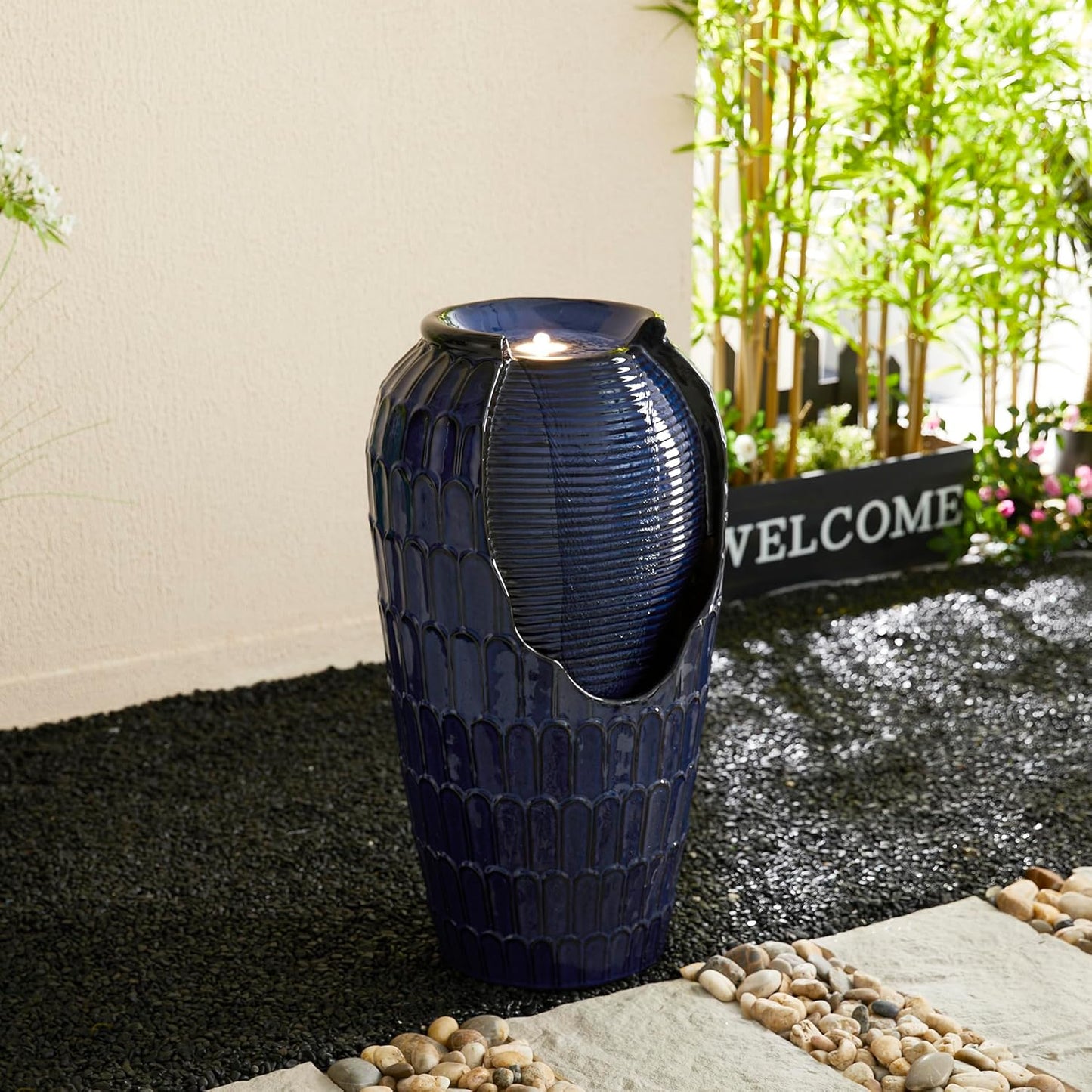 Glitzhome 28.25" H Oversized Ceramic Petals Textured Jar Outdoor Water Fountain, Vintage Cobalt Blue Glaze Vase Patio Garden Waterfall Fountain with LED Light and Submersible Pump
