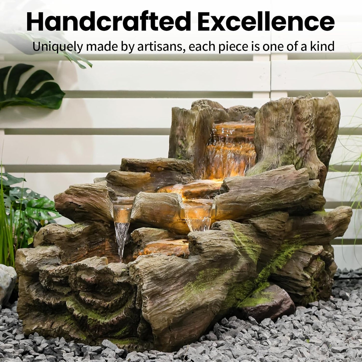 34.5" L Garden Outdoor Water Fountain, Floor Standing Wood Imitation Resin Natural Waterfall Fountains with LED Lights for Patio, Porch, Home Art Decor