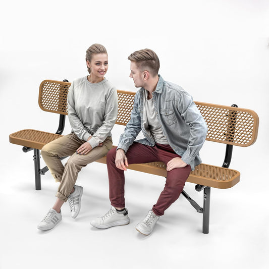 Heavy-Duty Outdoor Metal Bench, Thermoplastic-Coated, Inground, Weatherproof, Commercial-Grade for Parks, Gardens, Patios, Stores & More (6 Ft - Inground with Back, Brown)