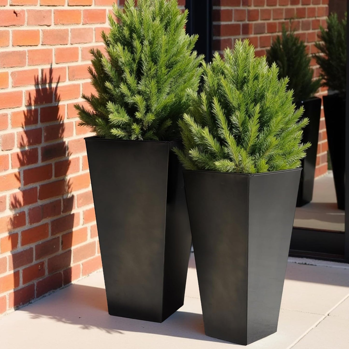 Worth Garden Large Metal Glazed Planter Set of 2 (25" + 28"), Luxurious Glossy Finish Black Tall Square Tapered Steel Plant Pot, Decor Flower Pot Indoor & Outdoor, Drainage Hole & Dual-Purpose Saucer
