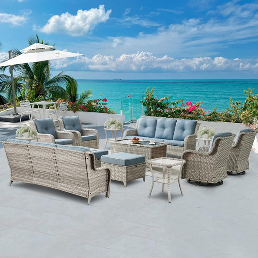 Wicker Patio Furniture Sets - 13 Piece Outdoor Rattan Furniture Conversation Sets with 4 Swivel Rocker Chairs, 2 Rattan Sofas, Wicker Ottomans and Coffee Table, Light Grey/Baby Blue