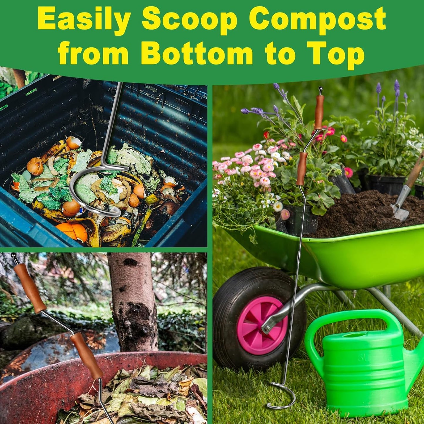 Stainless Steel Compost Aerator Tool – Manual Compost Turner for Outdoor Tumbler Bins, Rotating Mixing Tool