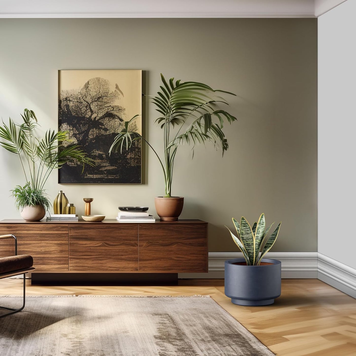 Kante 15.7 Inch Dia Concrete Planter, Round Pedestal Design Garden Pot for Indoor Outdoor Plants, Modern Flower Pot with Drainage Hole, Charcoal Finish with Warm Brown Interior