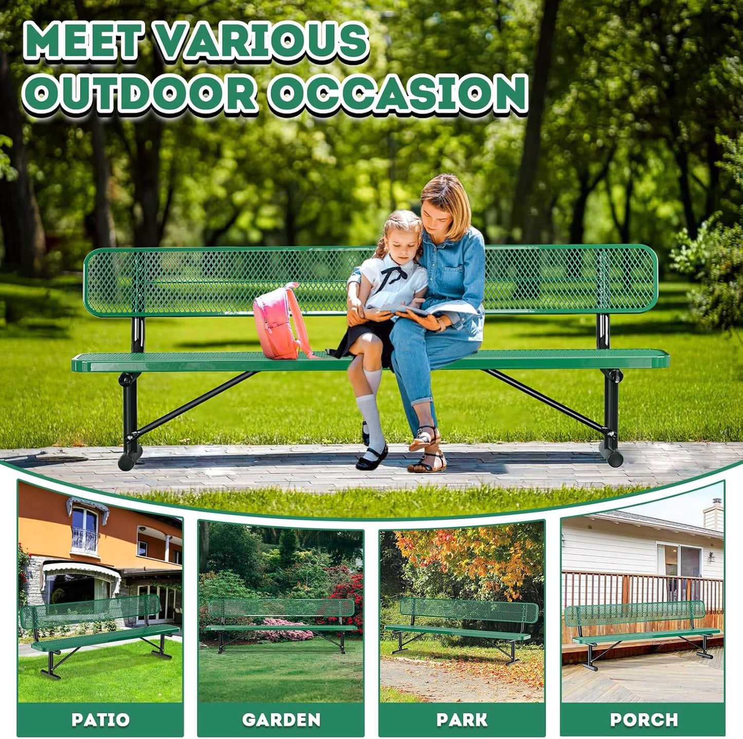 8FT Heavy Duty Park Bench with Back Portable Frame, Outdoor Metal Park Bench with Backrest, Steel Mesh Outdoor Bench for Garden, Lawn, Patio, Porch, Park, Yard, Green
