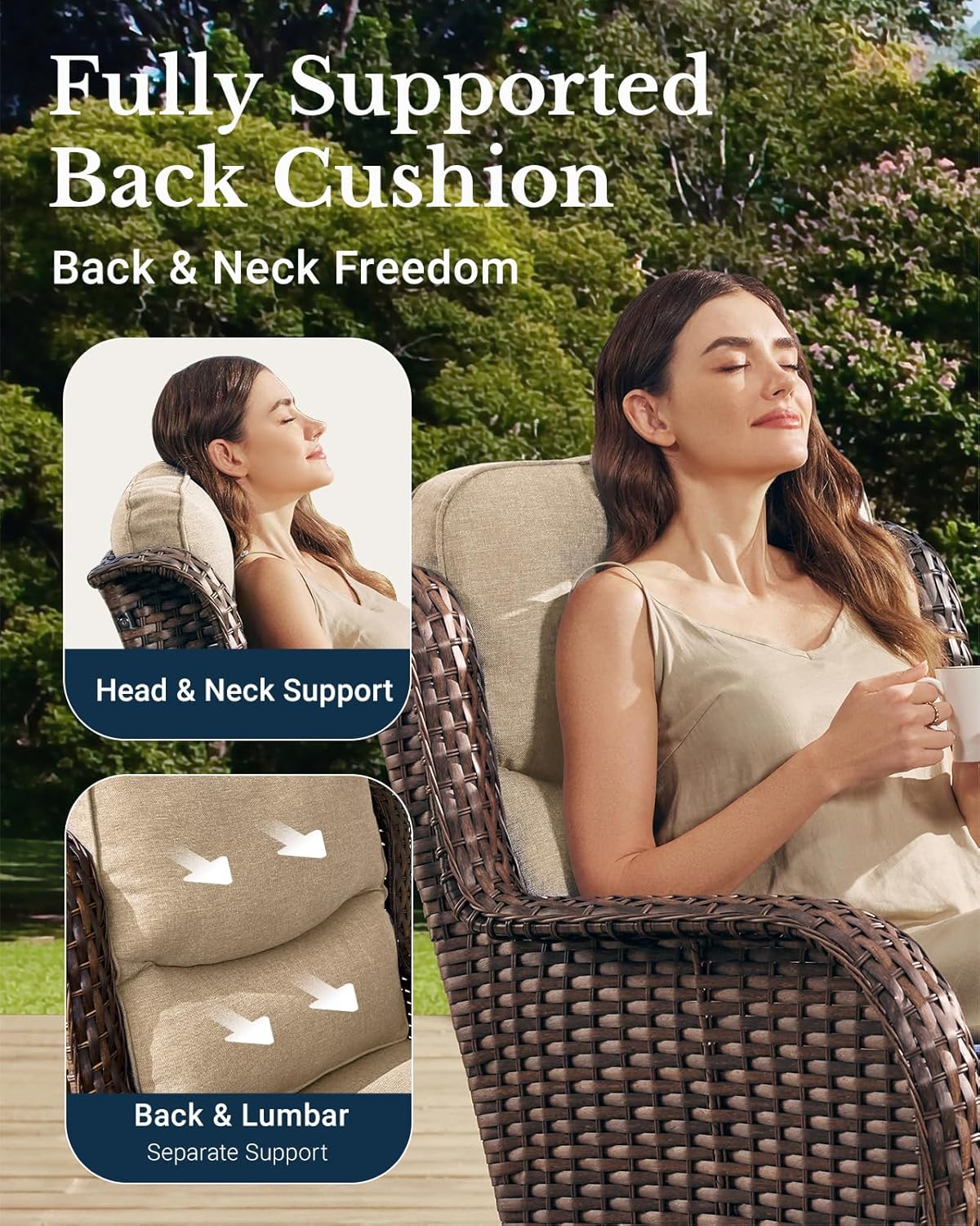 HILLGA Luxury Patio Furniture Set with 6-inch Thick Cushion, Outdoor Couch and High Back Swivel Rocker Patio Chairs, 8PCS Wicker Conversation Set for Deck Yard and Poolside, Beige (V2)