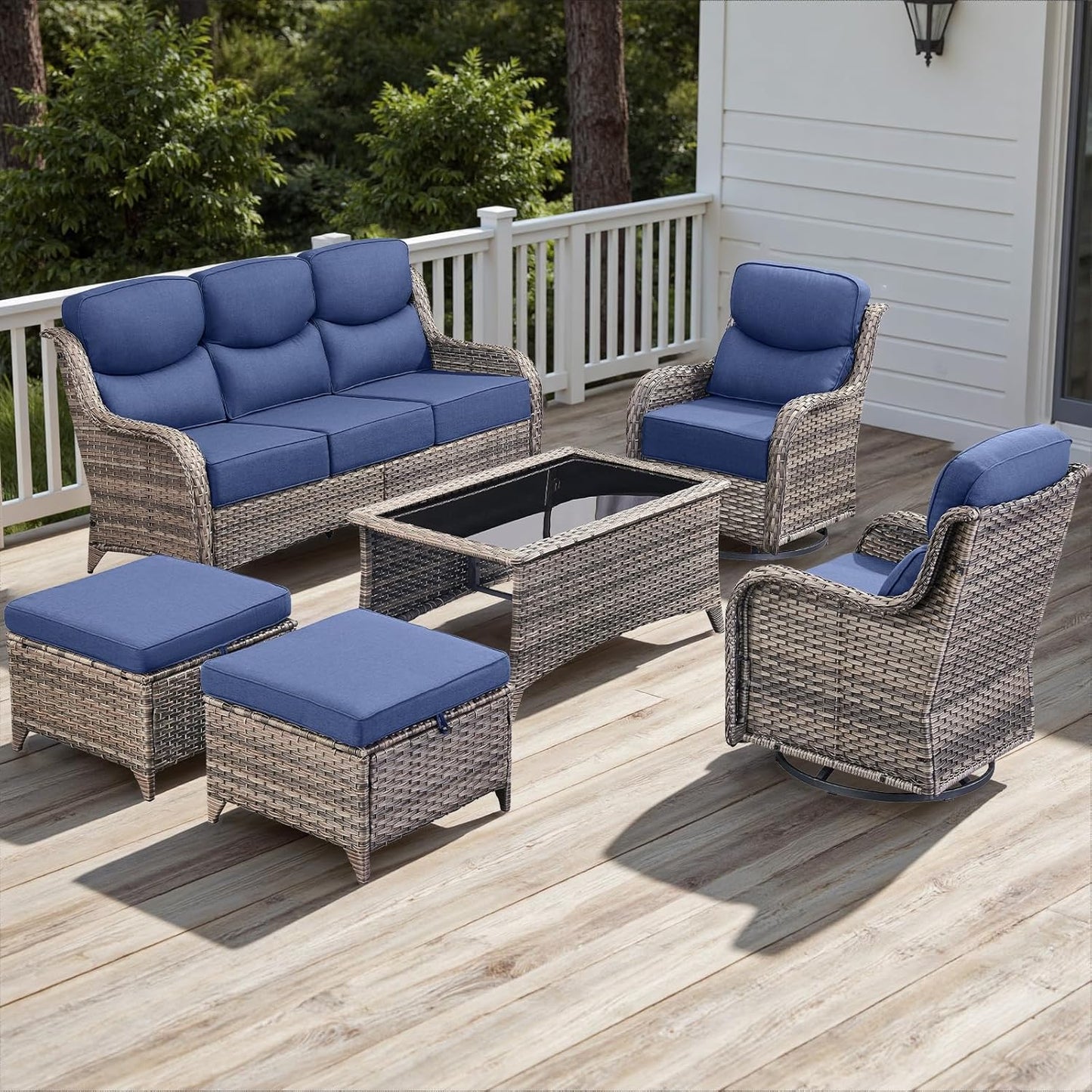 Wicker Outdoor Patio Furniture Set - 6 Piece Patio Conversation Sets with Swivel Rocker Chairs, Ottomans, Sofa and Coffee Table, 6 inch Cushions, Deep Seating, for Porch Deck Mixed Grey/Blue
