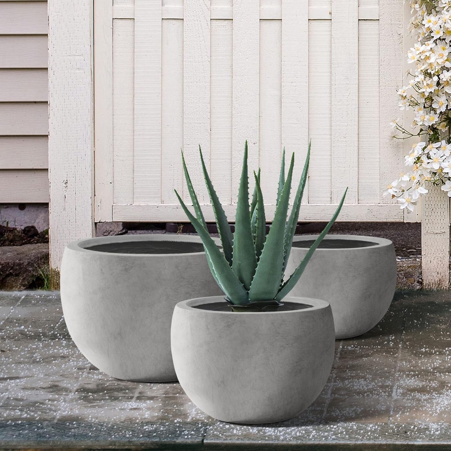 Kante 19.9",15.7",11.8" Dia Round Concrete Planter Set of 3, Outdoor/Indoor Large Bowl Plant Pots with Drainage Hole and Rubber Plug for Garden Patio Balcony Home, Natural Concrete