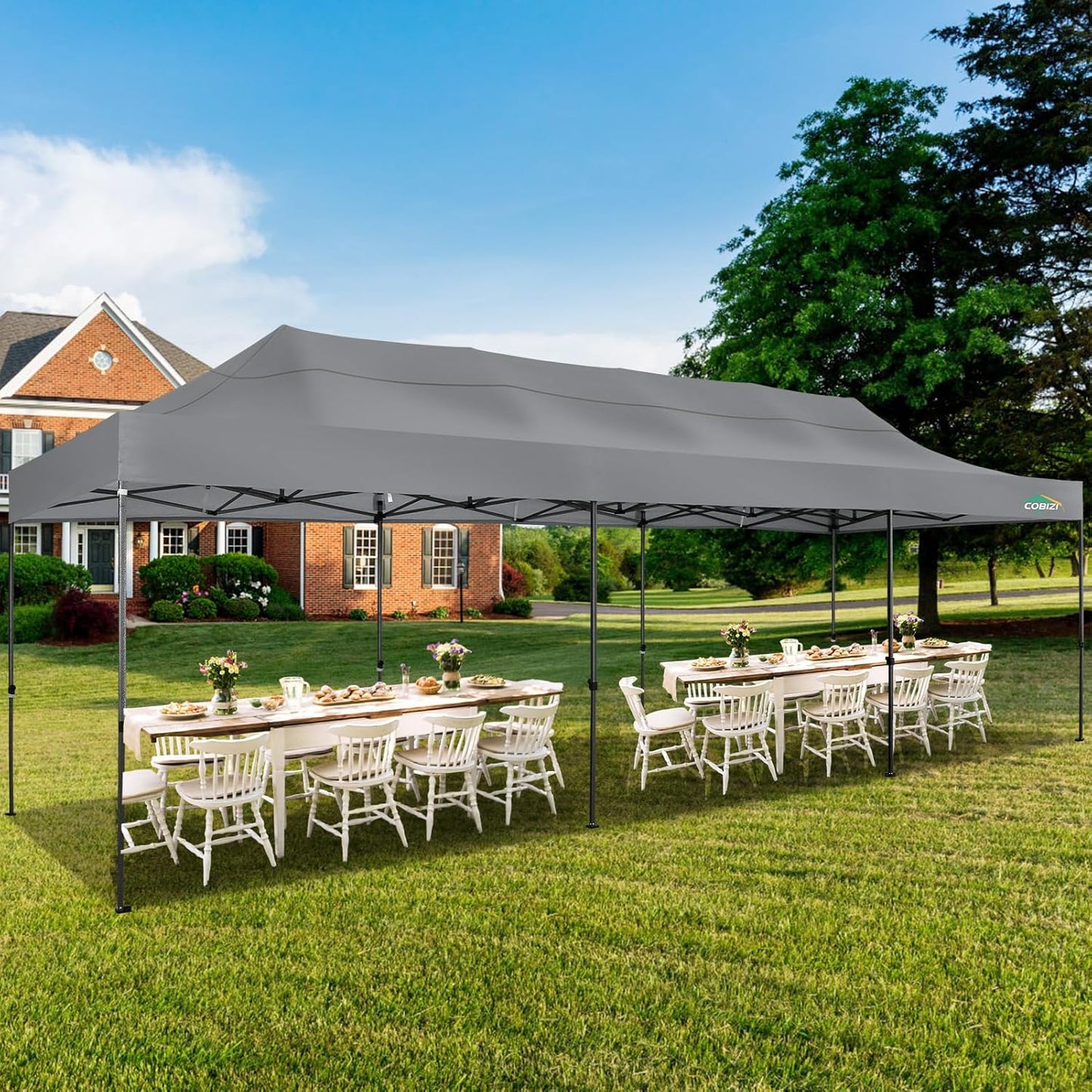 COBIZI 10x30 Pop up Canopy, Heavy Duty Outdoor Party Tents for Parties, Ez up UPF 50+ Waterproof Commercial Canopy with Wheeled Bag can fold, Gray(Windproof Upgraded)