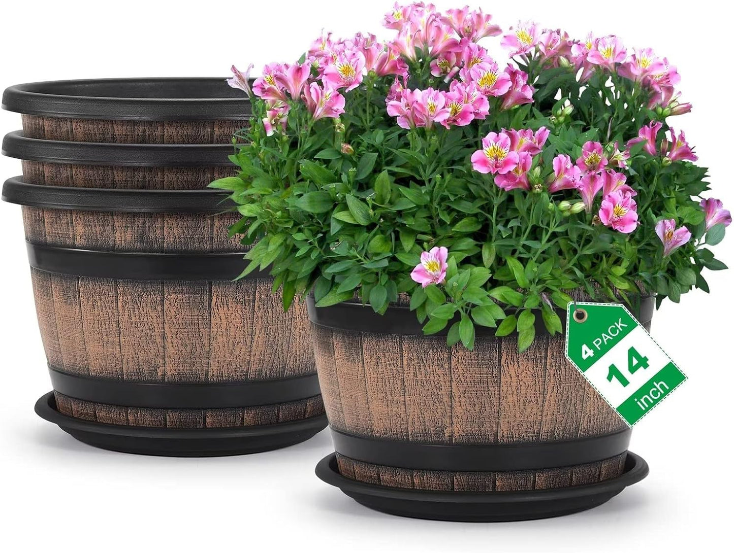 Quarut Large Plastic 4 Pack14 inch Plant Pots,Whiskey Barrel Planters with Drainage Holes & Saucer.Flower Pots Imitation Wine Barrel Design for Indoor & Outdoor Garden Balcony Plants.5 Gallons(Brown)