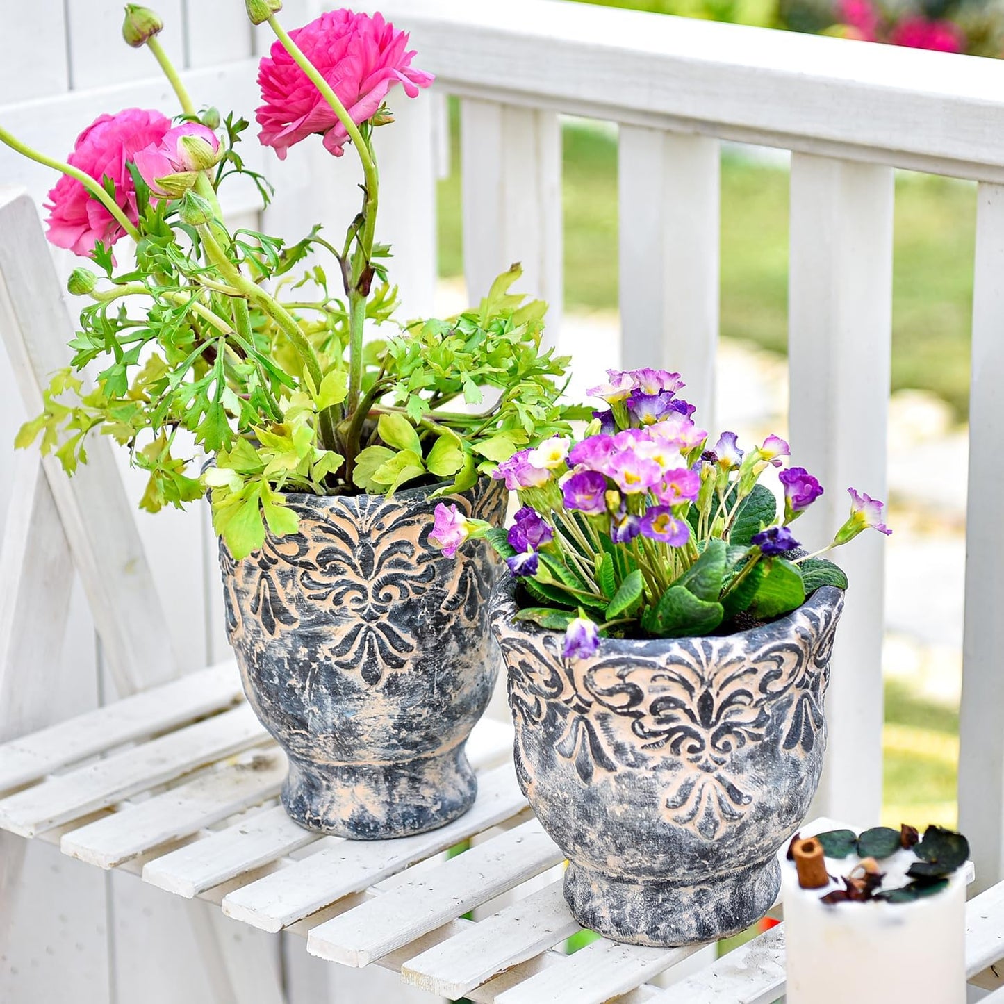 Sungmor 5.9 Inch Cement Plant Pot for Plants, Succulent Planter with Embossed Design, Vintage Concrete Flowerpots with Drainage Hole, Decorative Orchid Houseplant Pot Indoor Outdoor Plant Container