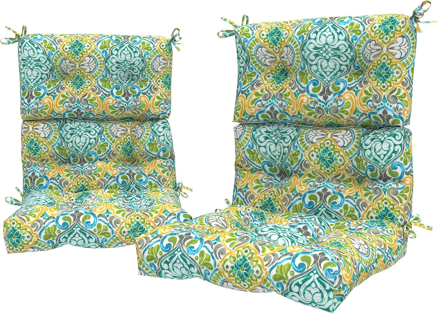 LVTXIII Outdoor Seat/Back Chair Cushion Patio Tufted High Back Cushion, Seasonal Replacement Rocking Chair Cushion with Ties (22” W x 20D”, Set of 2, Damask Green)