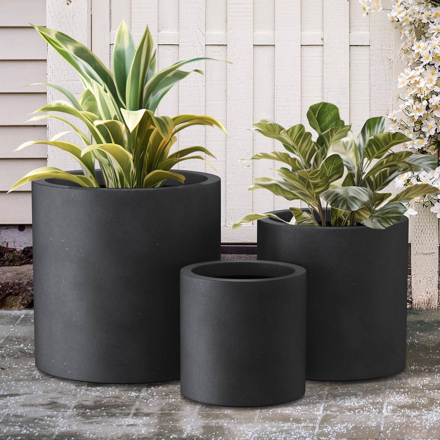 Kante 9.8",12.6",15.7" Dia Round Concrete Planter Set of 3, Modern Style Large Cylindrical Plant Pot with Drainage Hole and Rubber Plug for Indoor Outdoor Patio, Black