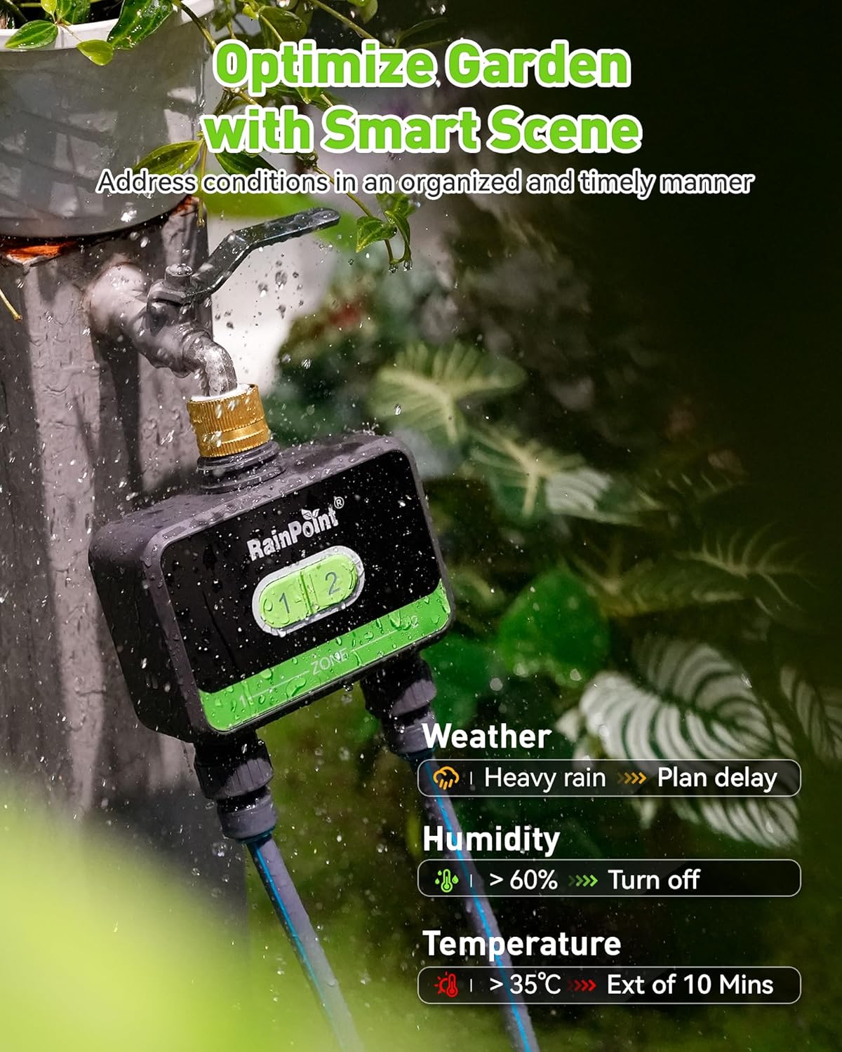 RainPoint WiFi Water Timer for Garden Hose with Brass Inlet, 2-Zone Smart Hose Timer, WiFi Irrigation Controller, Automatic Sprinkler Watering System for Lawns and Yard