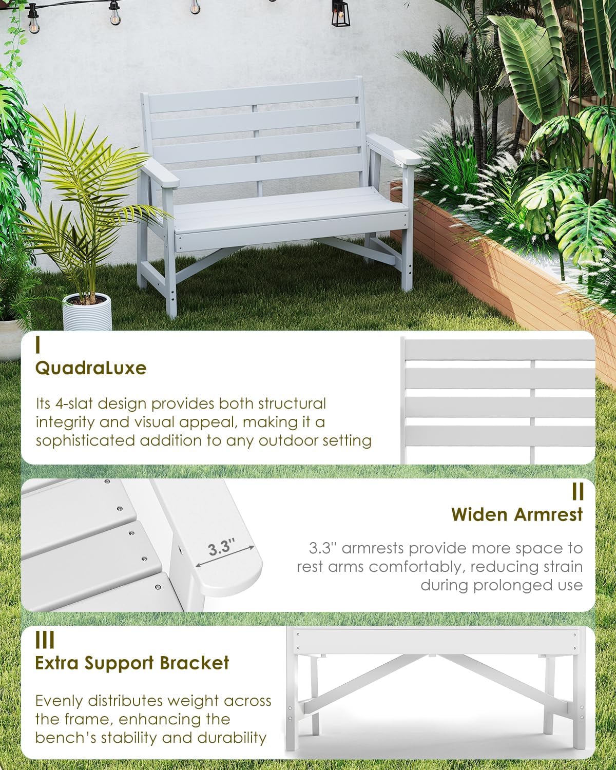 GREENVINES Outdoor Bench | HDPE | Garden Benches | All Weather | for Outdoors Patio Park Porch Outside Backyard | 2-Person | White
