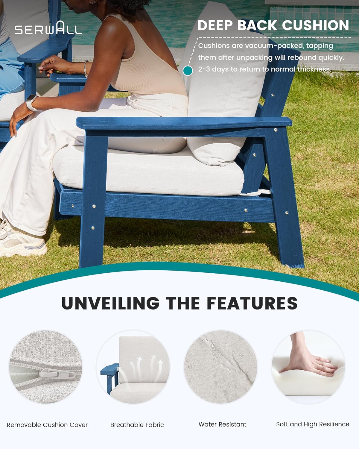SERWALL HDPE Outdoor Couch Set of 2, Blue Frame and Khaki Cushion