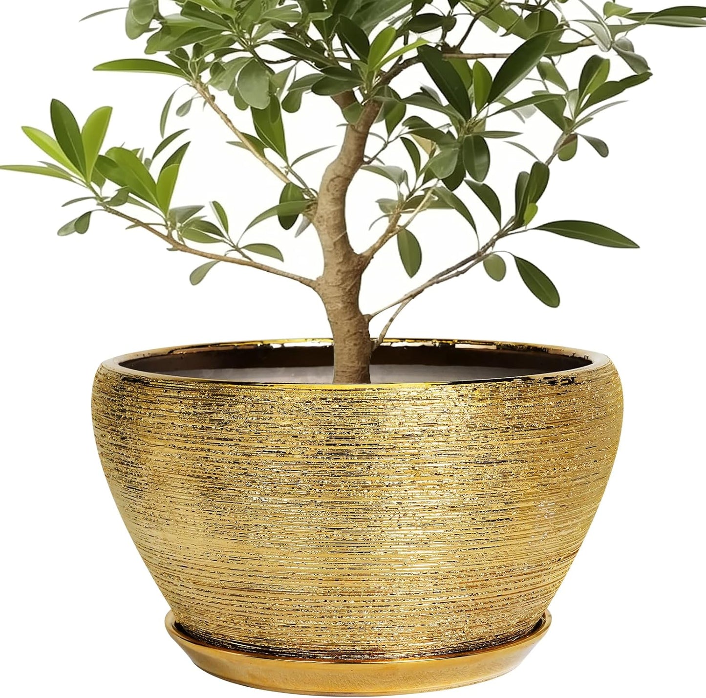 Ceramic Planter 13 Inch - Indoor Plant Pot with Drainage Hole and Saucer Large Ceramic Pot for Plants Mid-Century Decorative Modern Outdoor Flower Pot for Home Decor Gold