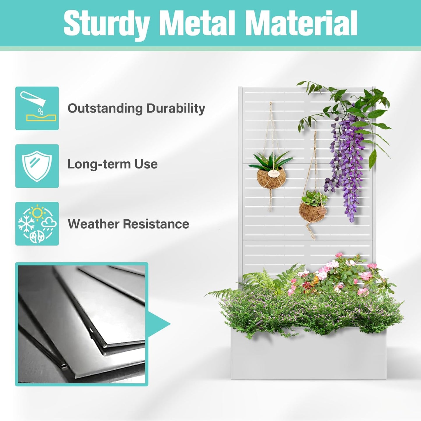 71"x35"x16" Metal Planter Box with Trellis Raised Garden Bed with Trellis, Planter Box & Privacy Screen for Climbing Plants, Vegetable, Vines(White, Louvered)