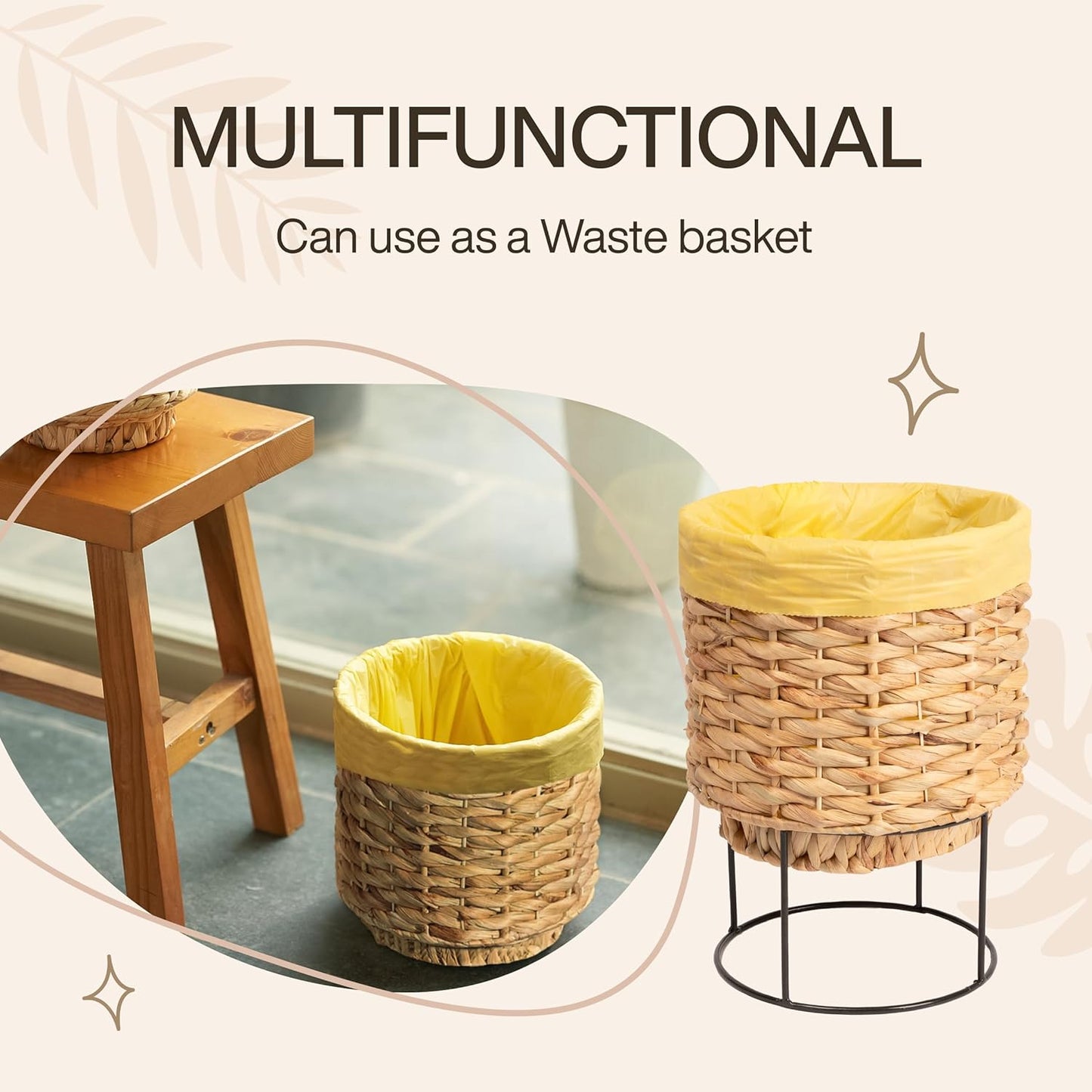 Set of 2 Water Hyacinth Planter Pot with Metal Stand - Indoor Plant, Flower, Succulent, Basket Planter, Decorative Pot Cover (Twisted)