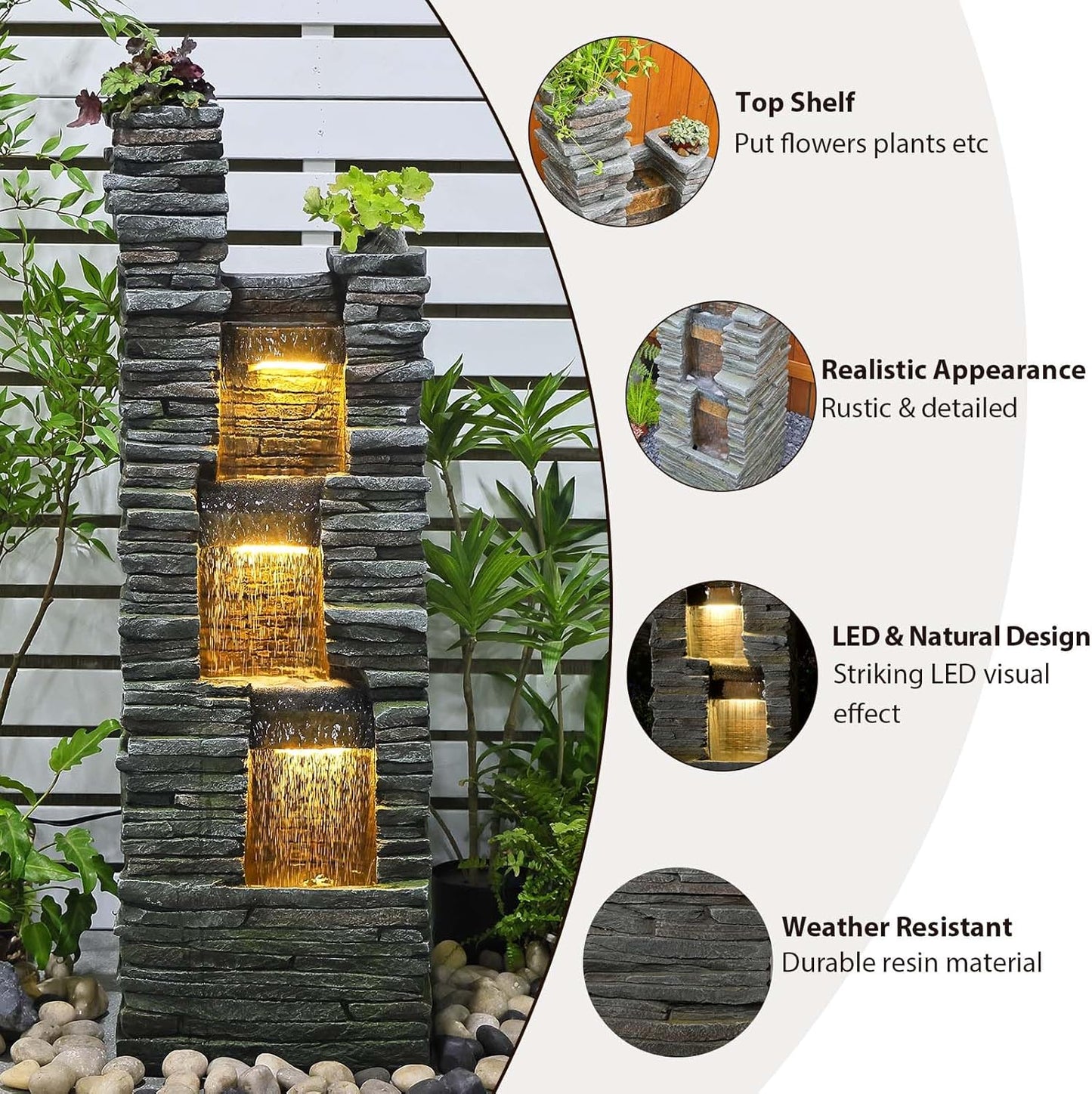 47" H Garden Water Fountain Outdoor with LED Lights & Pump, 3-Tier Cascading Outdoor Fountain for Garden,Patio,Porch,Backyard,Home Art Decor (Gray)