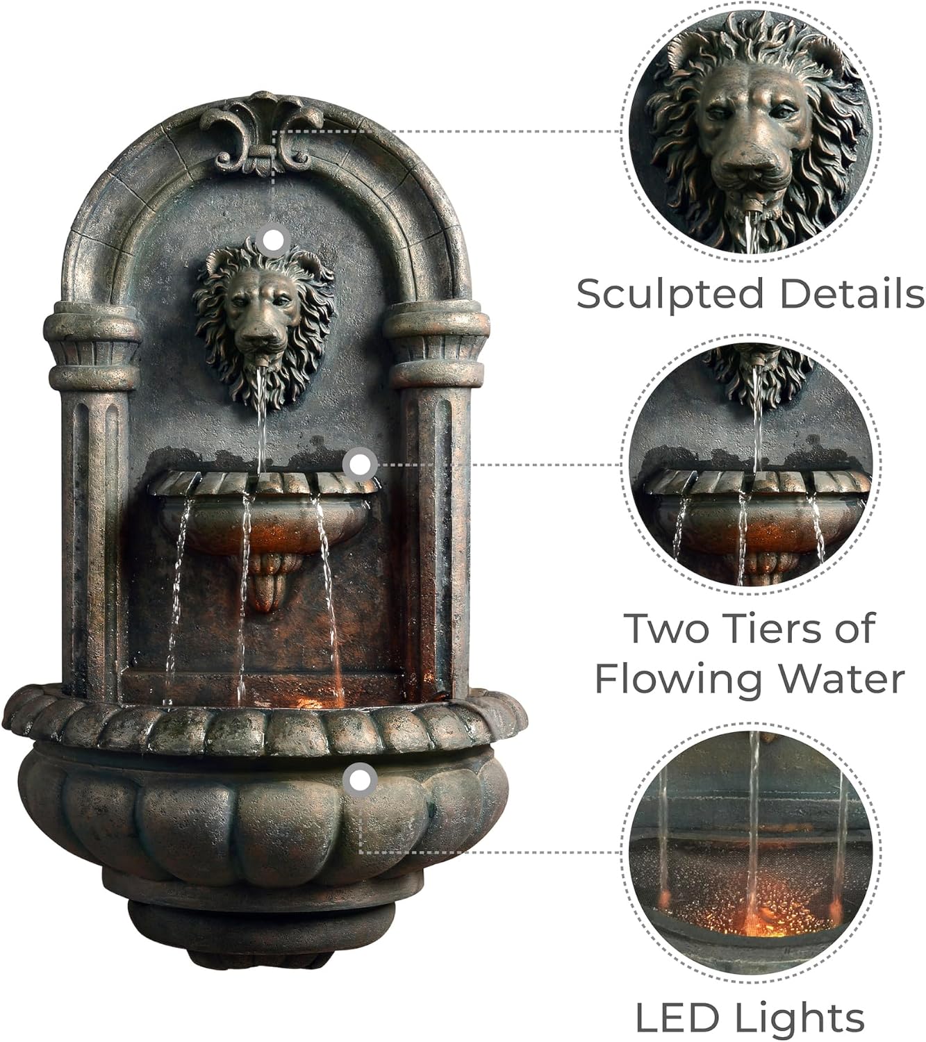 Teamson Home 32.1 in. Wall-Mounted Lion Head Stone LED Outdoor Water Fountain for Gardens, Landscaping, Patios, Balconies, Lawns to Create a Calming Oasis in Outdoor Living Spaces, Antique Bronze