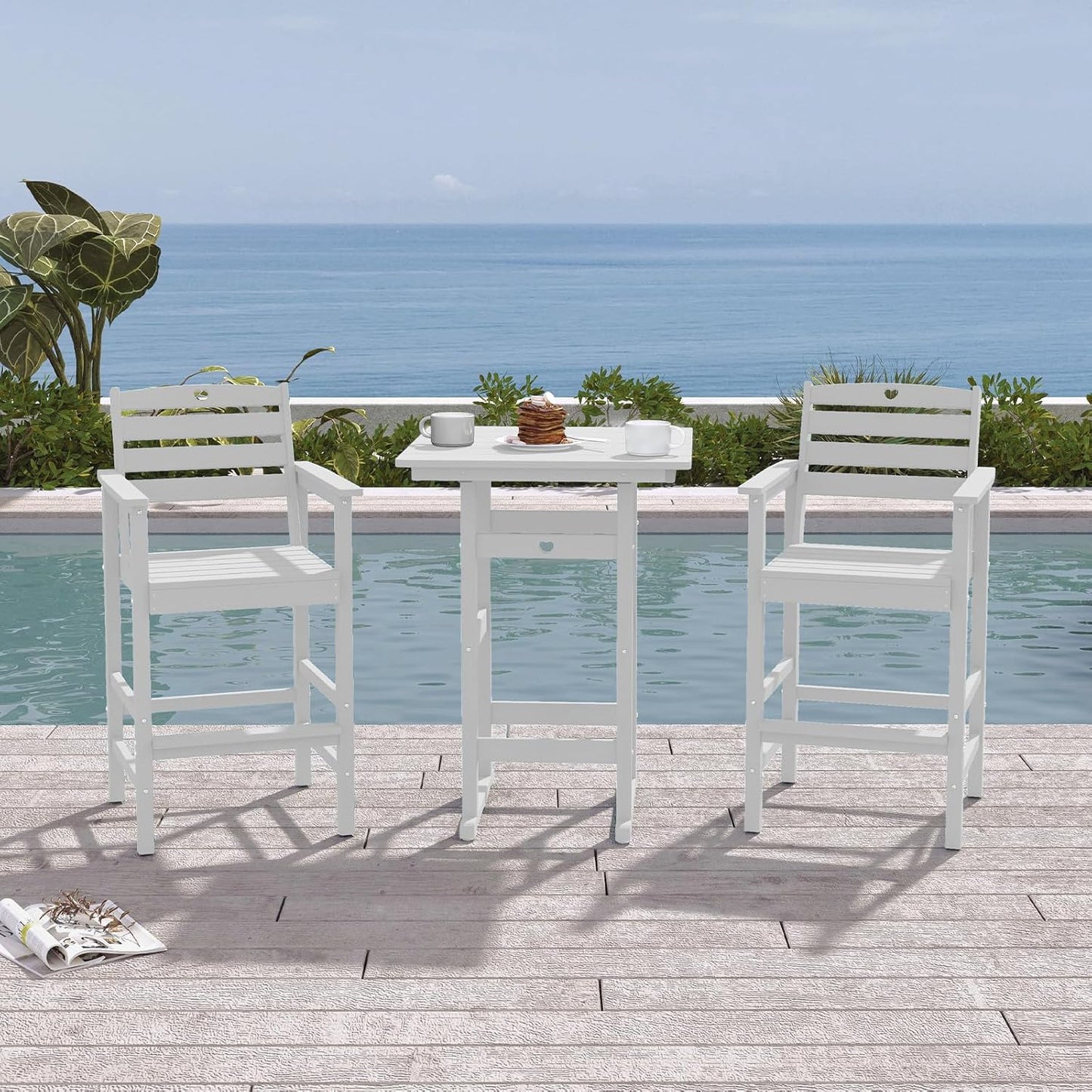 Tall Adirondack Chairs Set of 4, HDPE Wood Balcony Adirondack Chairs Set with Heart Cutout Design, Weather-Resistant Bar Height Furniture for Deck, Porch, Pool (White)