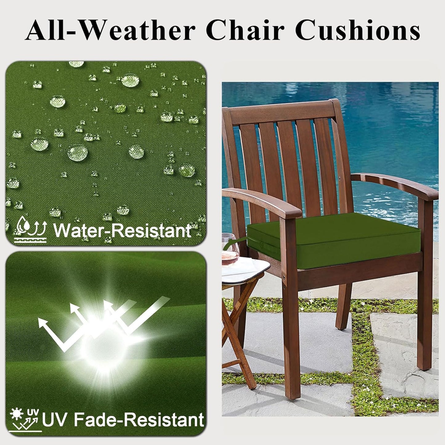 Outdoor Chair Cushions Set of 2 for Patio Furniture 19x19x4 Inch Waterproof Patio Chair Cushion 3 Year Color Fastness Square Elastic Foam Garden Couch Pads with Ties and Handle,Green