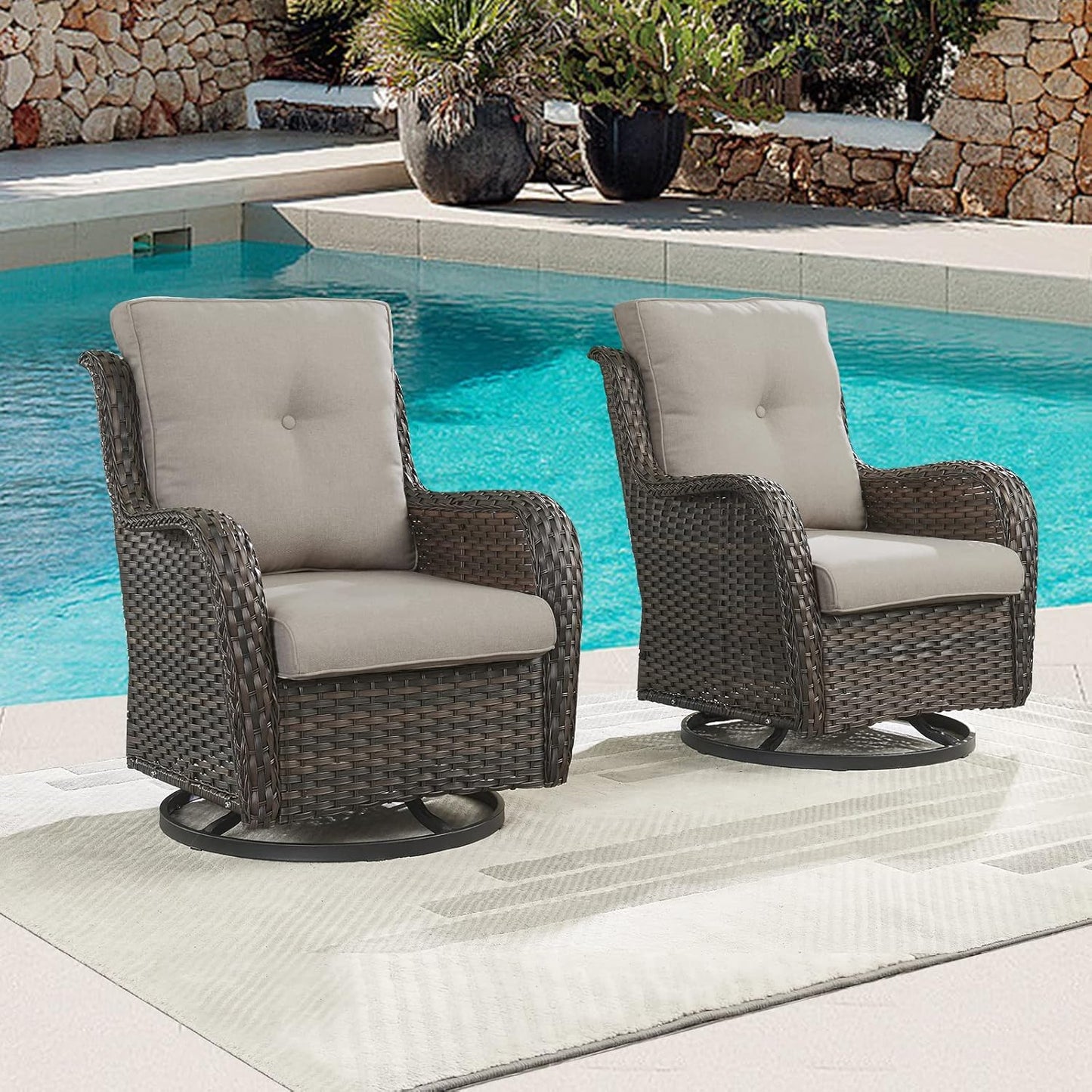 Outdoor Patio Swivel Rocker Chairs - Wicker Rattan Patio Swivel Rocking Chairs Set of 2 with High Back,Deep Seating and Comfort Cushions for Deck Porch Garden,rown/Grey