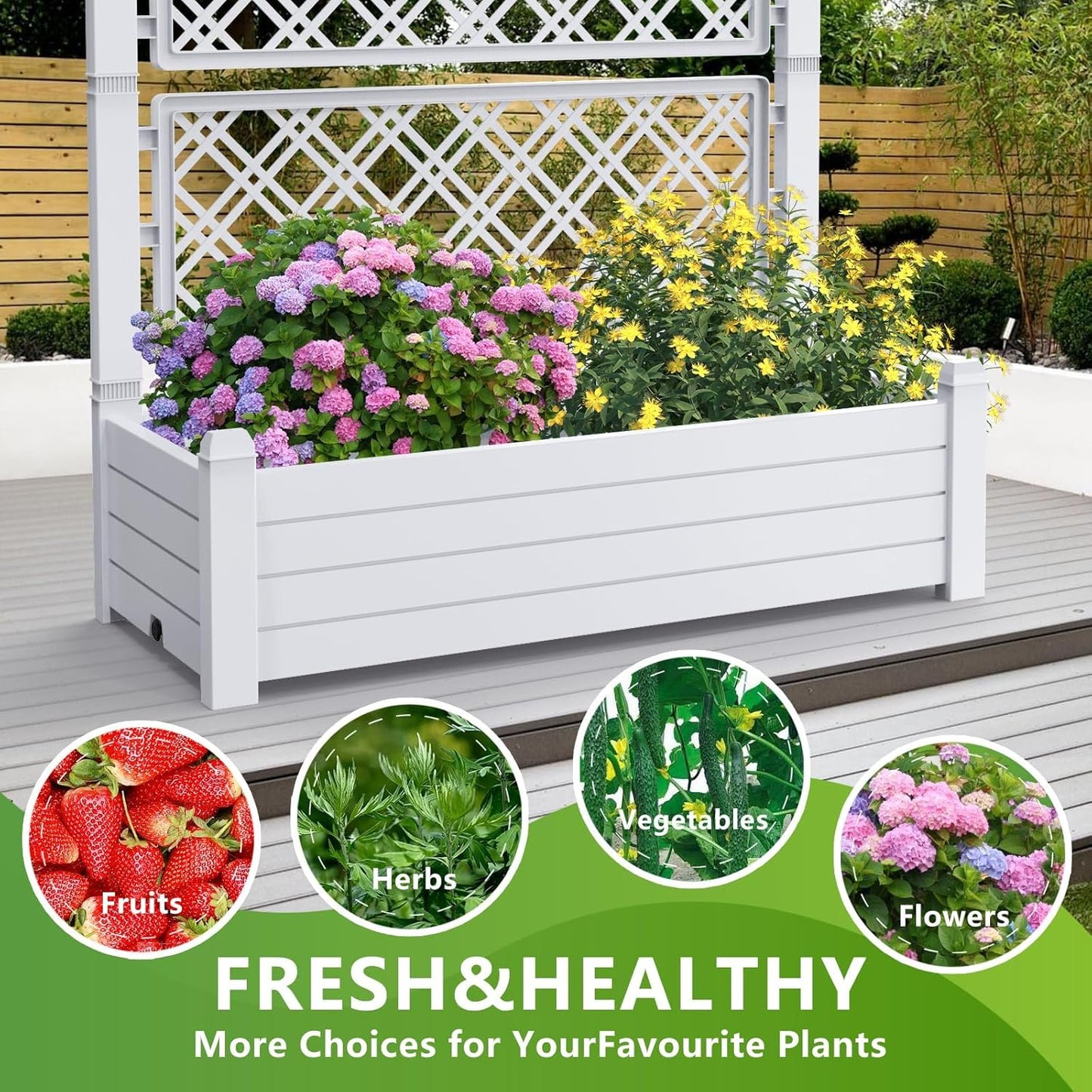59.3in Planter Box Trellis, Large Outdoor Plastic Raised Garden Bed with Drain Plug for Climbing Plants(Ashen,43.43 * 18.27 * 59.29)