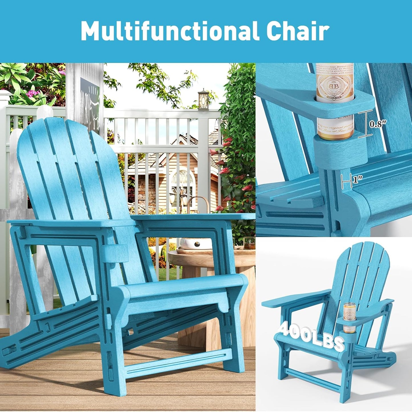 Adirondack Chairs Set of 4, Tool-Free Assembly All-Weather Plastic Adirondack Chairs, HDPE Fire Pit Chairs with Cup Holder, Outdoor Chair for Patio Garden（Lake Blue）