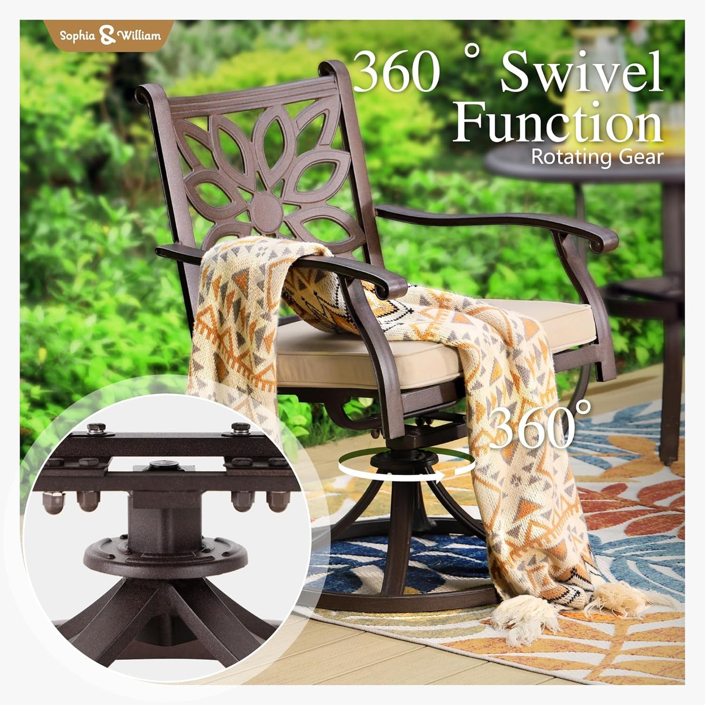 Sophia & William Patio Outdoor Swivel Rocker Dining Chairs Set of 2, Brown Cast Aluminum Furniture Dining Chairs for Dining Table, Load Capacity: 350 lbs