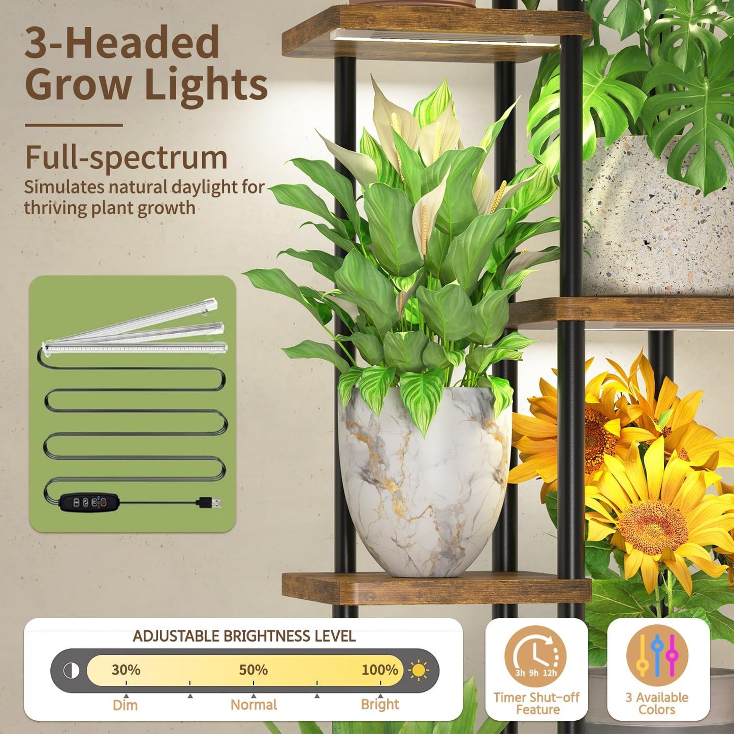LASZOLA Black 6 Tier Wood Tall Plant Stand Indoor with Grow Lights, Large Heavy Duty Vertical Corner Rack for Multiple Planter, Sturdy Metal Rustic High Flower Shelf Holder Organizer for House Patio