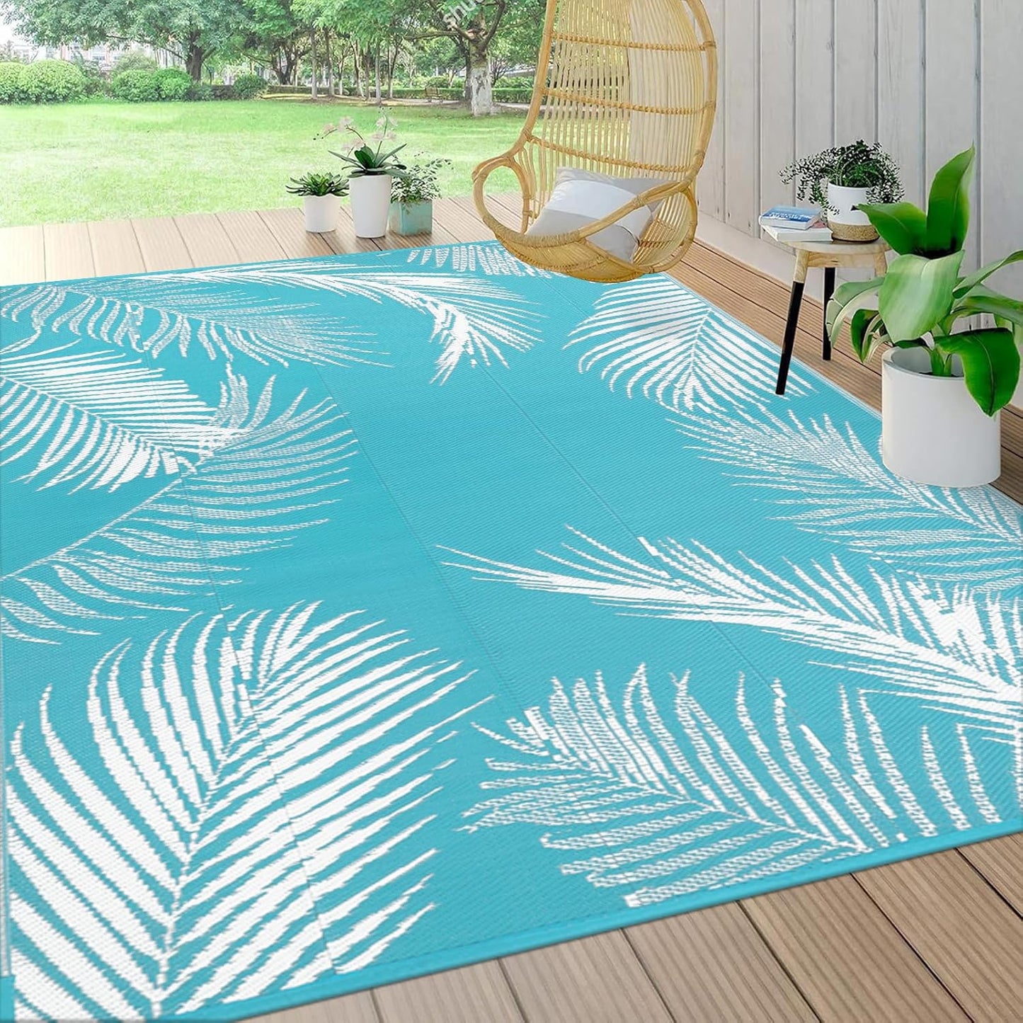 Pauwer Waterproof Outdoor Rug 8x10, Reversible Plastic Straw Patio Camping Rug, Indoor Outdoor RV Mat Carpet for Deck, Camper, Porch, Balcony, Backyard, Picnic, Leaf Teal