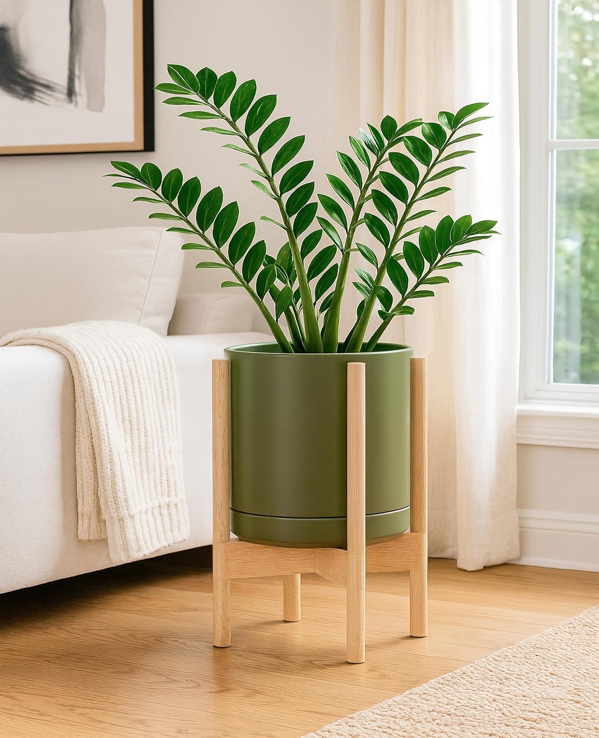 D'vine Dev Ceramic Planter with Natural Stand - 10 Inch Modern Round Flower Pot with Wood Planter Holder, Olive, 55-B-K-J