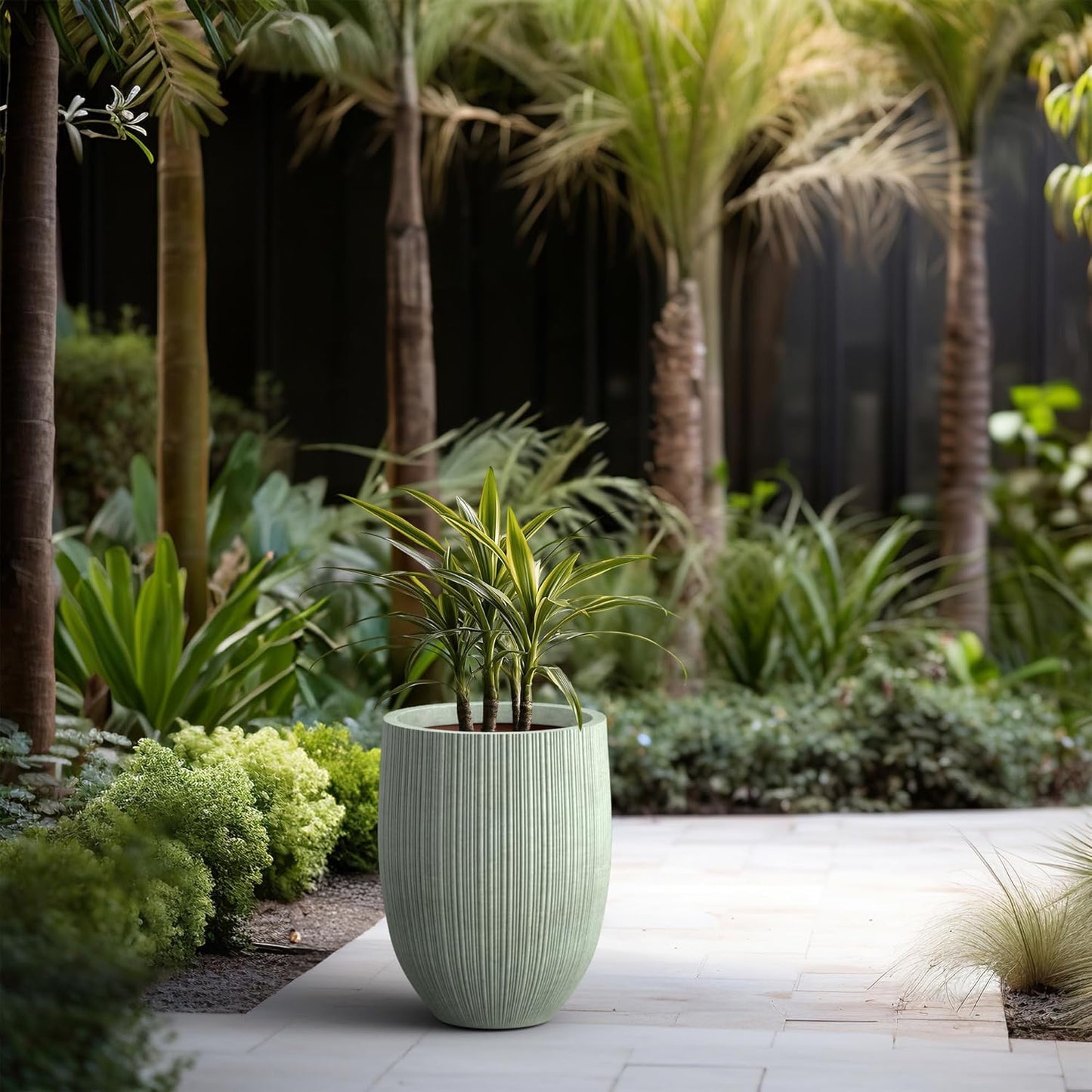 Kante Round Fluted Concrete Planter, 16.9-Inch Dia Barrel-Style Pot with Drainage Hole, Mint Green Finish with Warm Brown Interior, 13.7" Opening, for Indoor and Outdoor Use