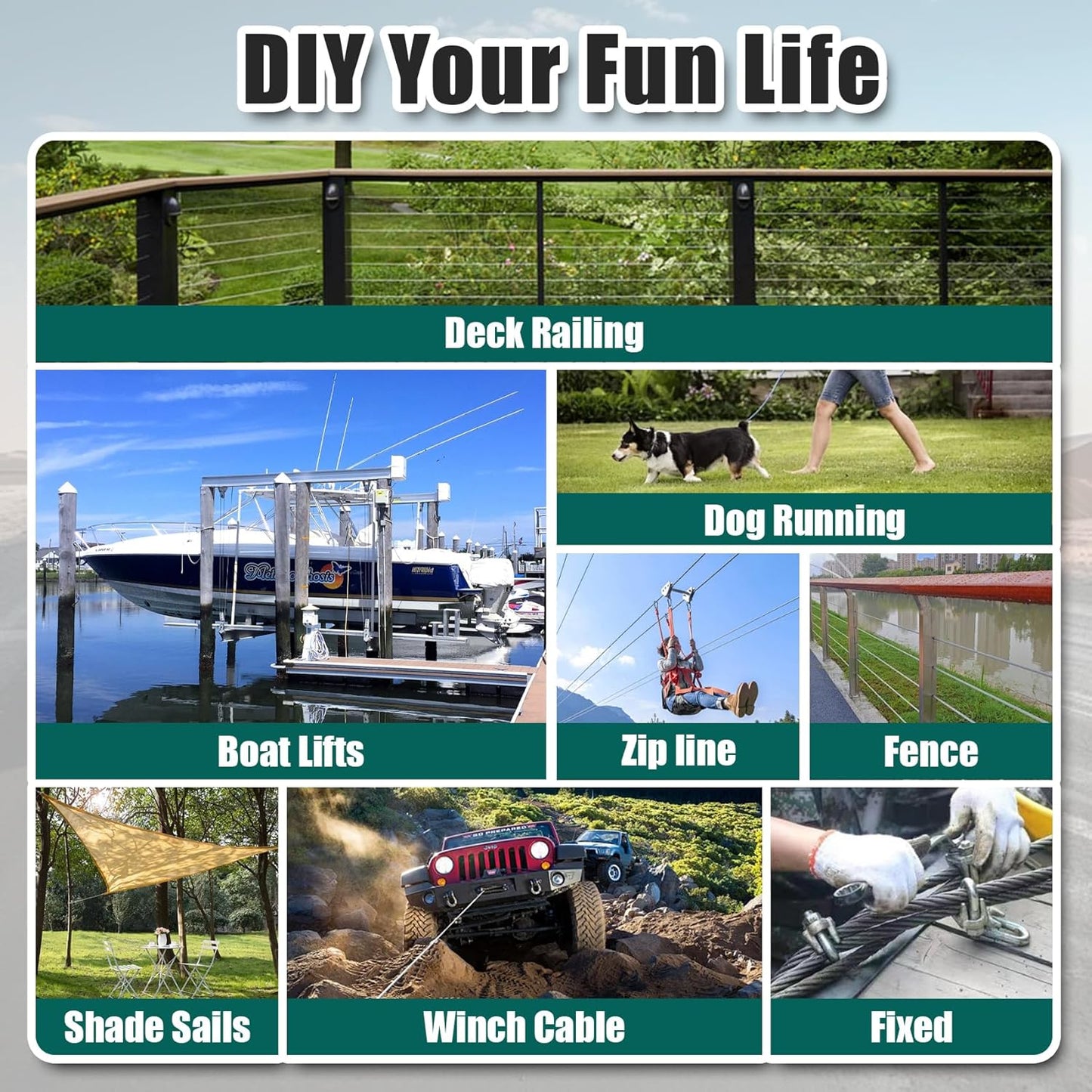 1/4" Stainless Steel Cable 150FT Wire Rope, 7X19 Strands Aircraft Cable, 6400lbs Breaking Strength, for Zipline, Outdoor, Deck Railing, Heavy Duty Applications, Hanging