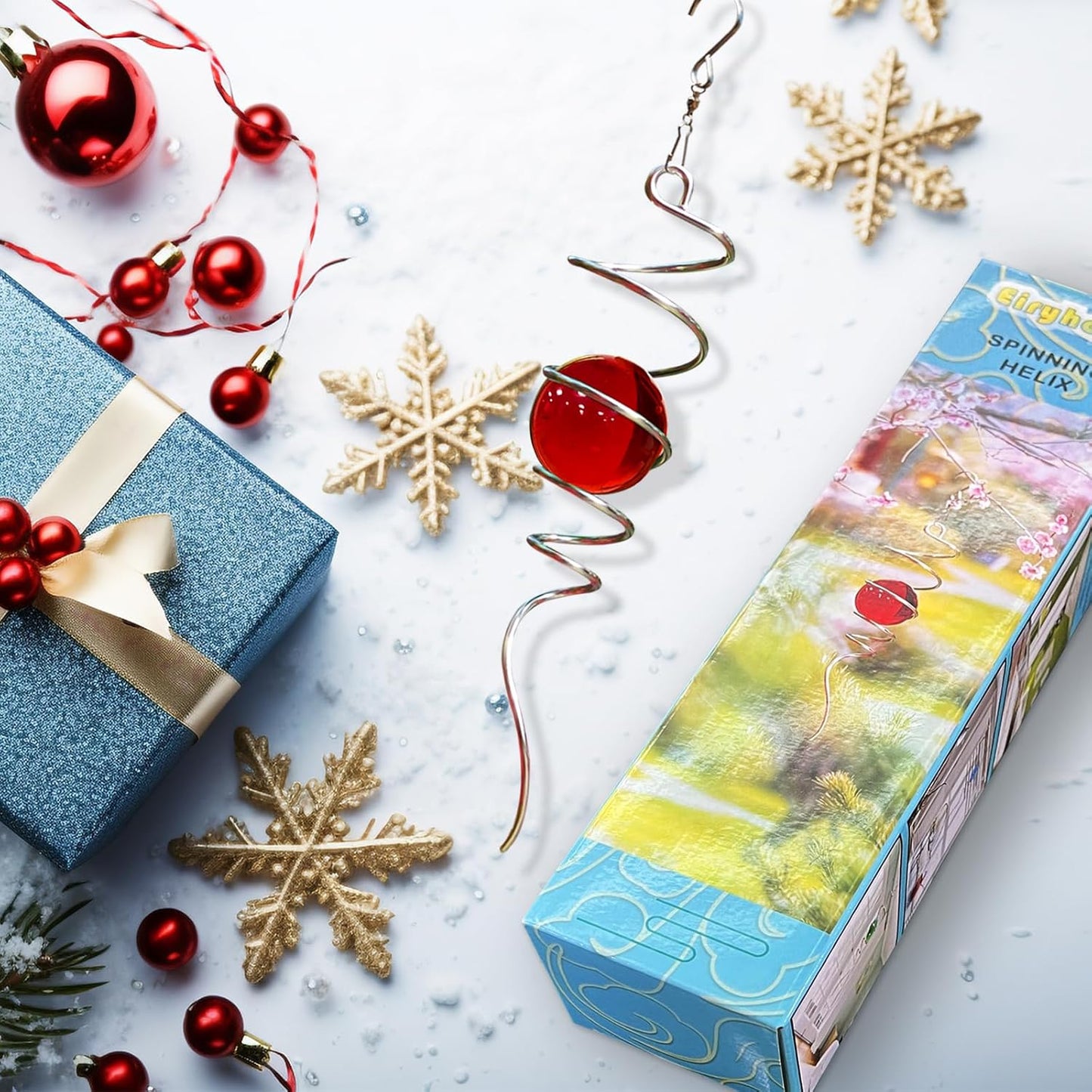 Gazing Ball Spiral Tail with Red Glass Orb - 13" Wind Spinner Stabilizer with Swivel Hook, Hanging Decor for Indoor Outdoor Garden Decor Rotating Art Ornament Christmas Décor & Unique Gift