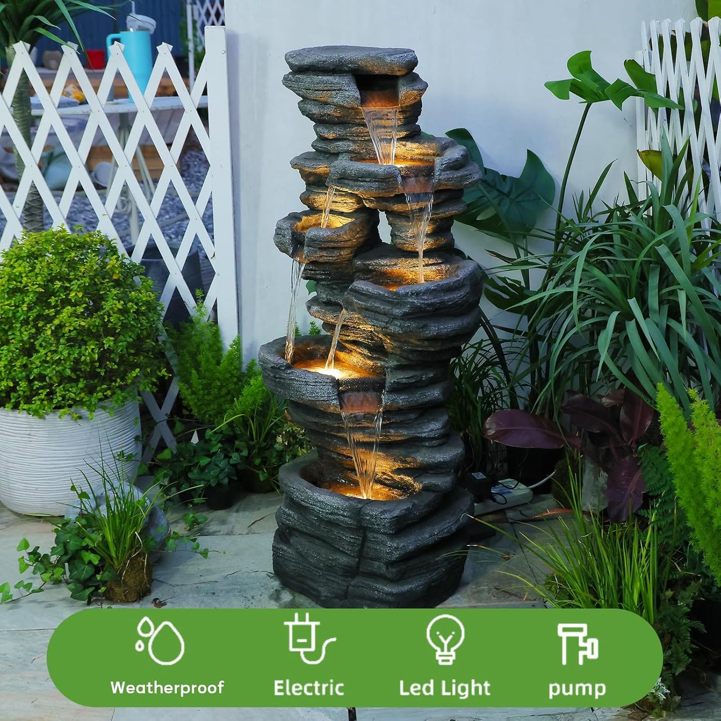 42.5" H Garden Outdoor Water Fountain with LED Lights & Pump, Mutiply-Tier Cascading Outdoor Fountain Suitable for Garden/Patio/Yard/Deck/Balcony and Home Art Decor（Resin）