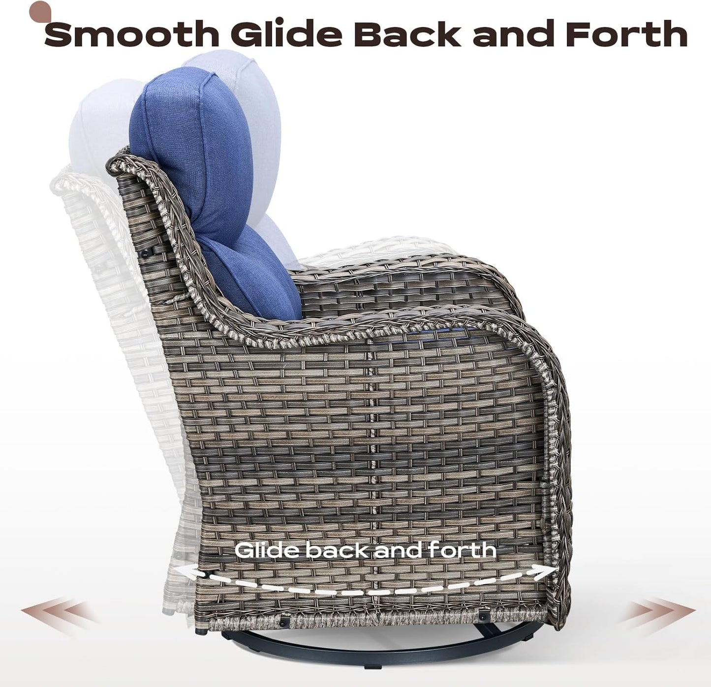 Wicker Outdoor Patio Furniture Set - 6 Piece Patio Conversation Sets with Swivel Rocker Chairs, Ottomans, Sofa and Coffee Table, 6 inch Cushions, Deep Seating, for Porch Deck Mixed Grey/Blue