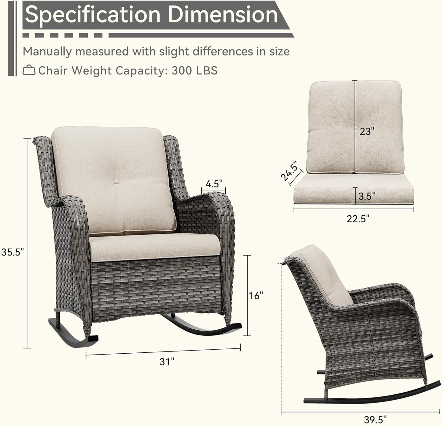 Outdoor Rocking Chair of 2, Wicker Patio Rocker Chair for Yard, Porch, Mixed Brown Grey Rattan, Beige Cushions