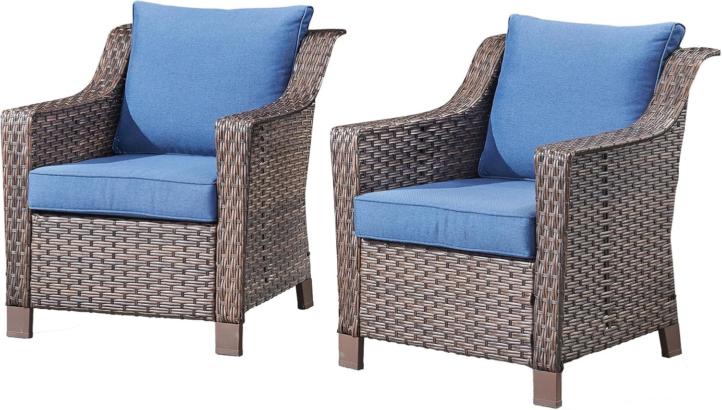 Outdoor Wicker Patio Chairs Set of 2 - Heavy Duty Outside Modern PE Rattan Lawn Chair for Front Porch Balcony Backyard Yard Deck Poolside Apartment – Brown/Blue