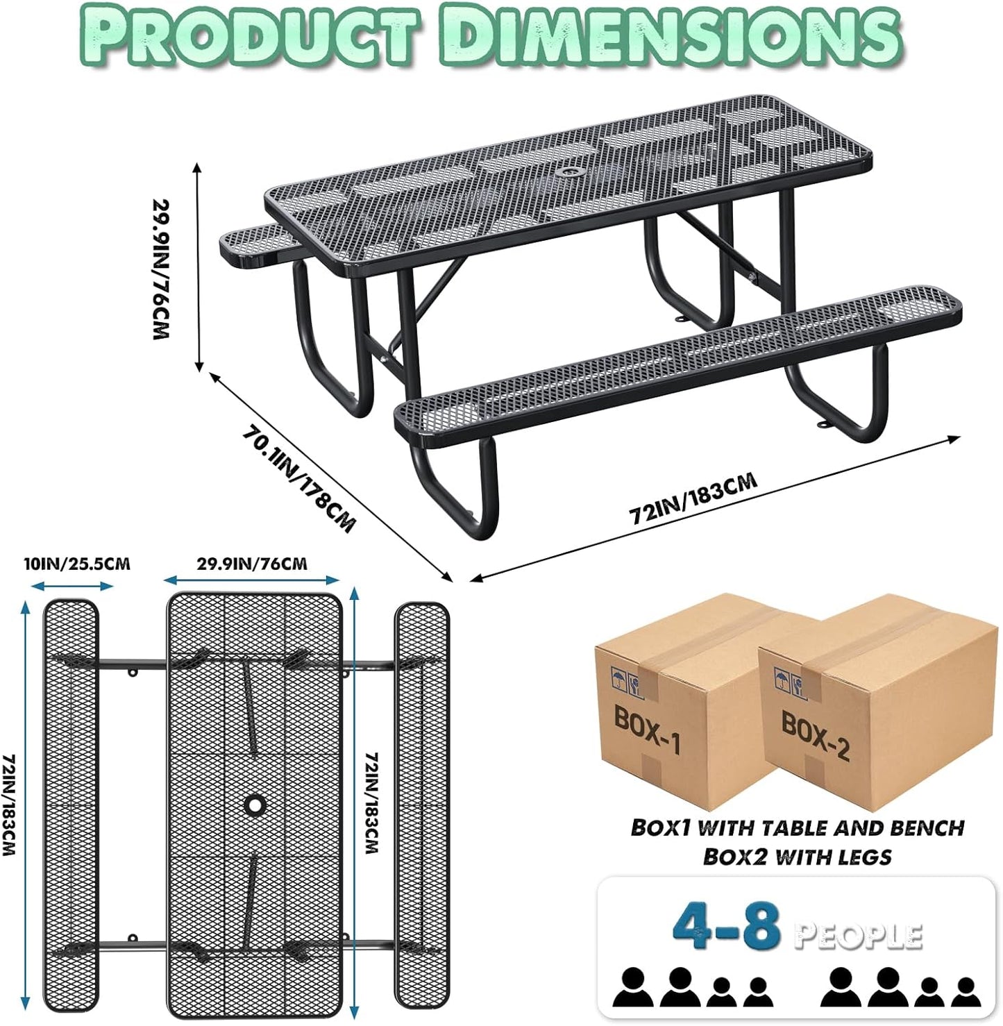 Heavy-Duty Park Bench or Table for Outside - Black Coated Outdoor Furniture Steel Bench, Commercial-Grade Outdoor Benches Weatherproof for Park, Patio, Porch (Black, 6FT (Rect. Table))