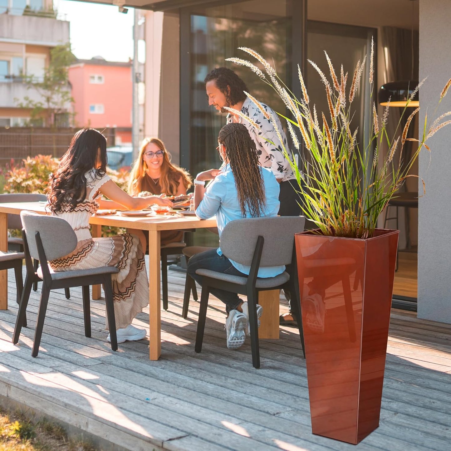 KOL 28''H. Tall Galvanized Steel Glazed Planter with Saucer, Set of 2, Planter Pots with Insert for Indoor & Outdoor Use, Decorative Flower Plant Pots for Front Porch, Patio, Deck - Reddish Brown