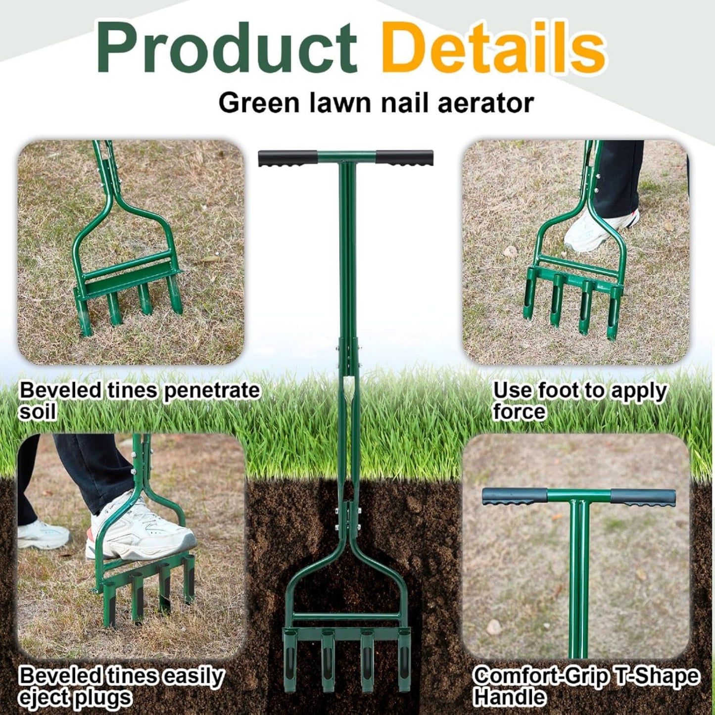 Lasnten Lawn Aerator Tool 42 Inch Manual Core Plug Aerator with 4 Slope Top Half Open Slot Hollow Tines Heavy Duty Plug Core Aerator for Soils Yard Garden, Green