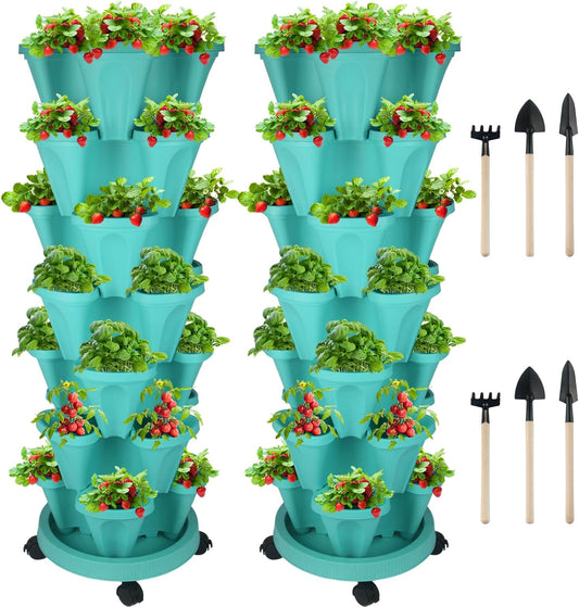 Vertical Planter 7 Tier Stackable Planters Garden Planters Strawberry Herb Flower and Vegetable Planter Indoor Outdoor Gardening Pots with Removable Wheels and Tools